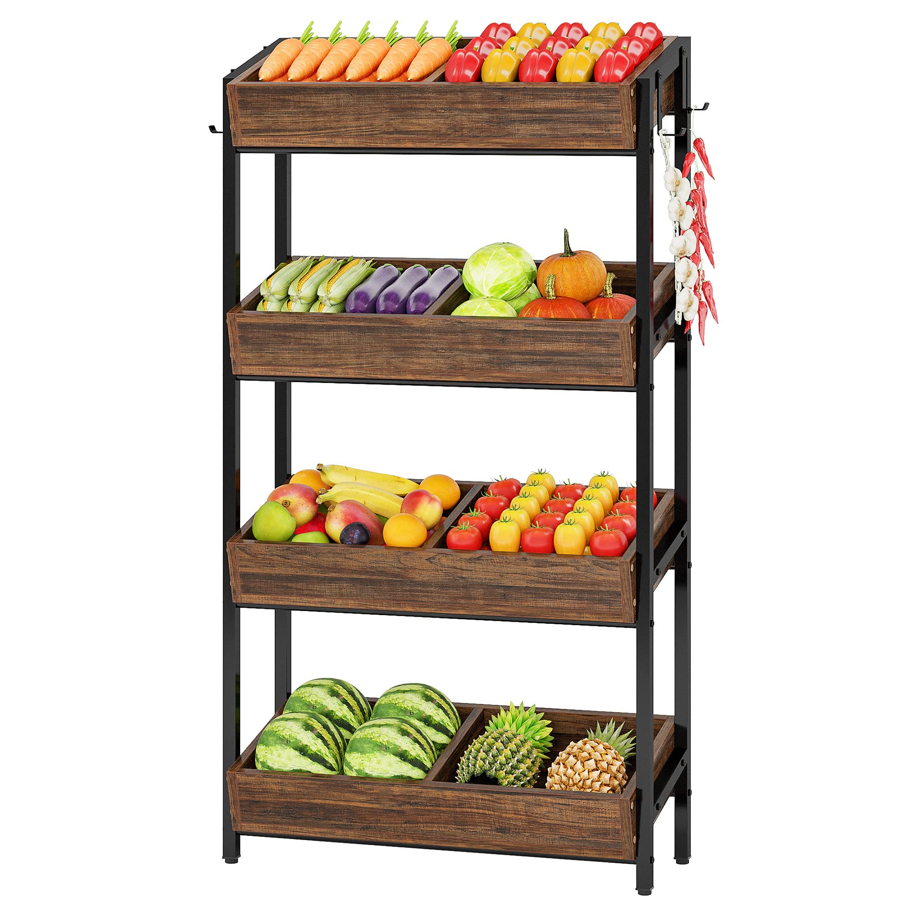 LITTLE TREE 4-Tier Wood Fruit Vegetable Storage Basket Stand, Versatile Utility Shelf Rack for Kitchen, Office, Store, Supremarket, Vintage Brown