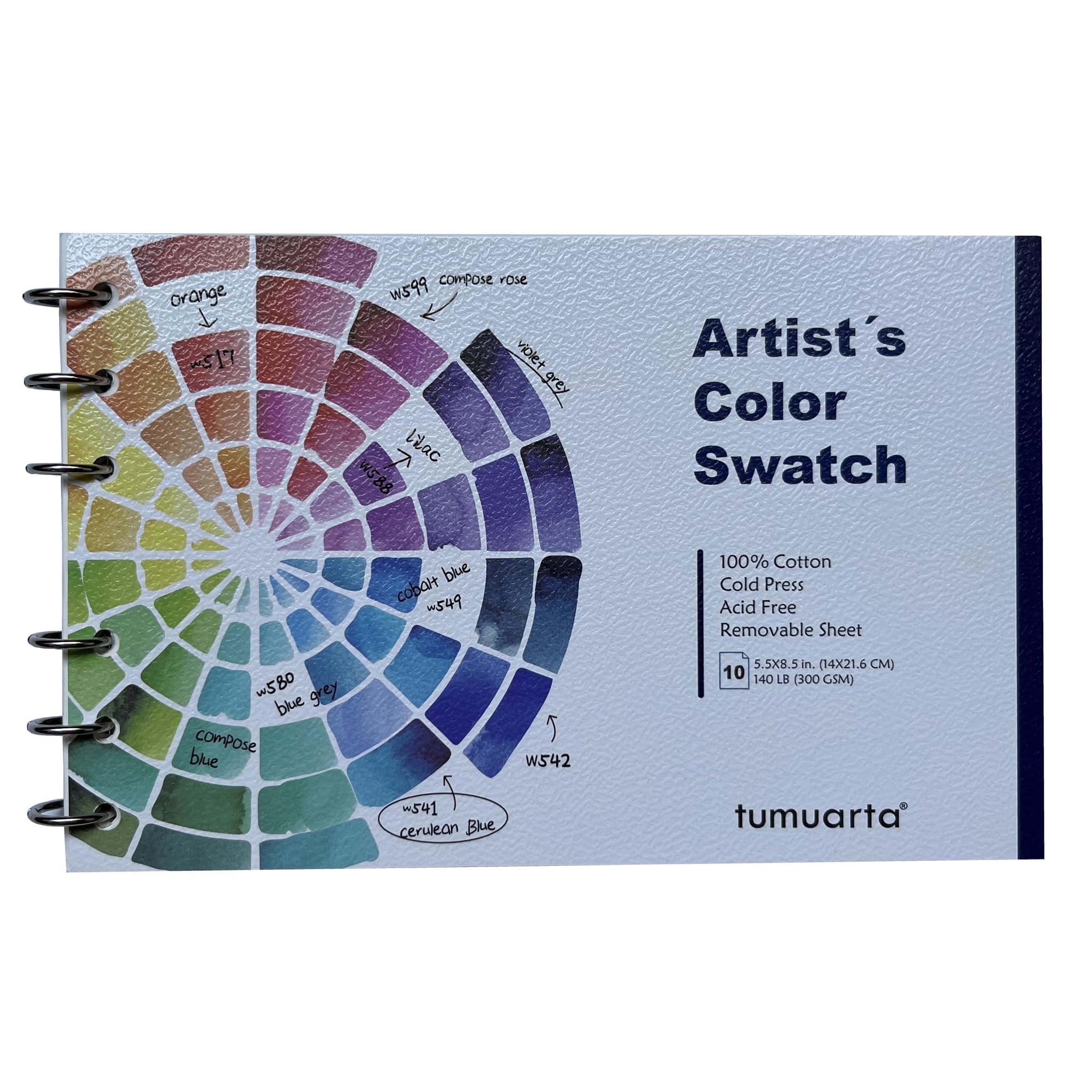 tumuarta Artist’s Color Swatch Book, 100% Cotton, 5.5x8.5”, 140 LB, 300GSM, 10 Removable Sheets, Cold Press, Painter`s Color Diary for Watercolors, Acrylic, Oil Pastel, Markers and More, Spiral