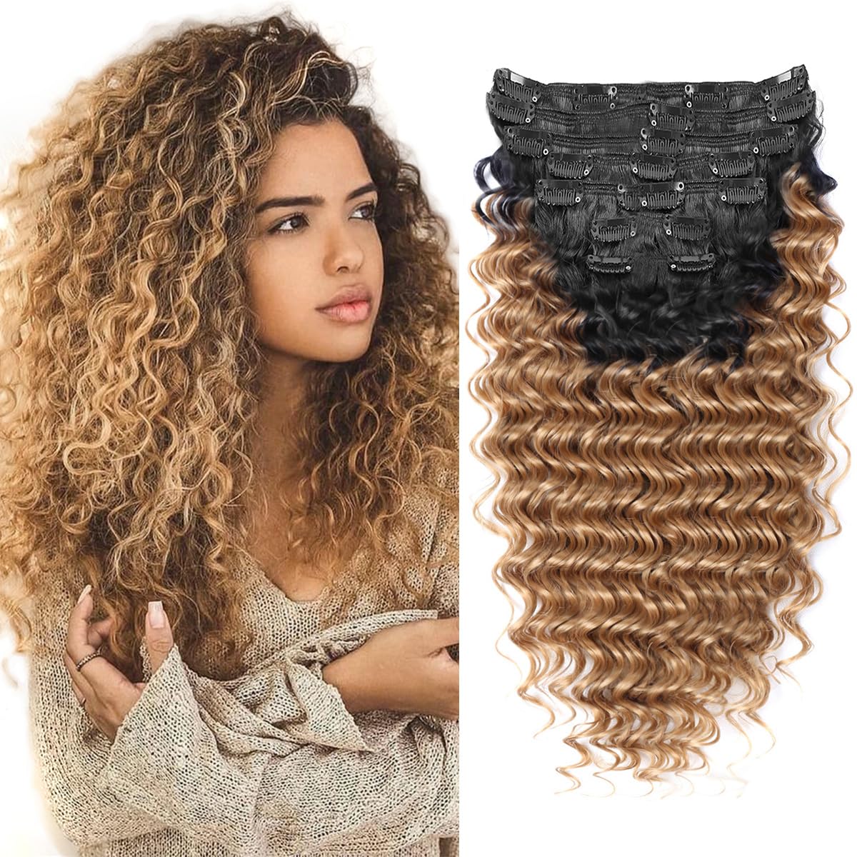 YIBANGCurly Hair Extensions For Black Women Deep Wave Clip In Ponytail Real Human Hair Curly Extensions Clip In Hairpieces Synthetic Ponytails (24 Inch OmbreT1B/27 7 PC Pony tail)…