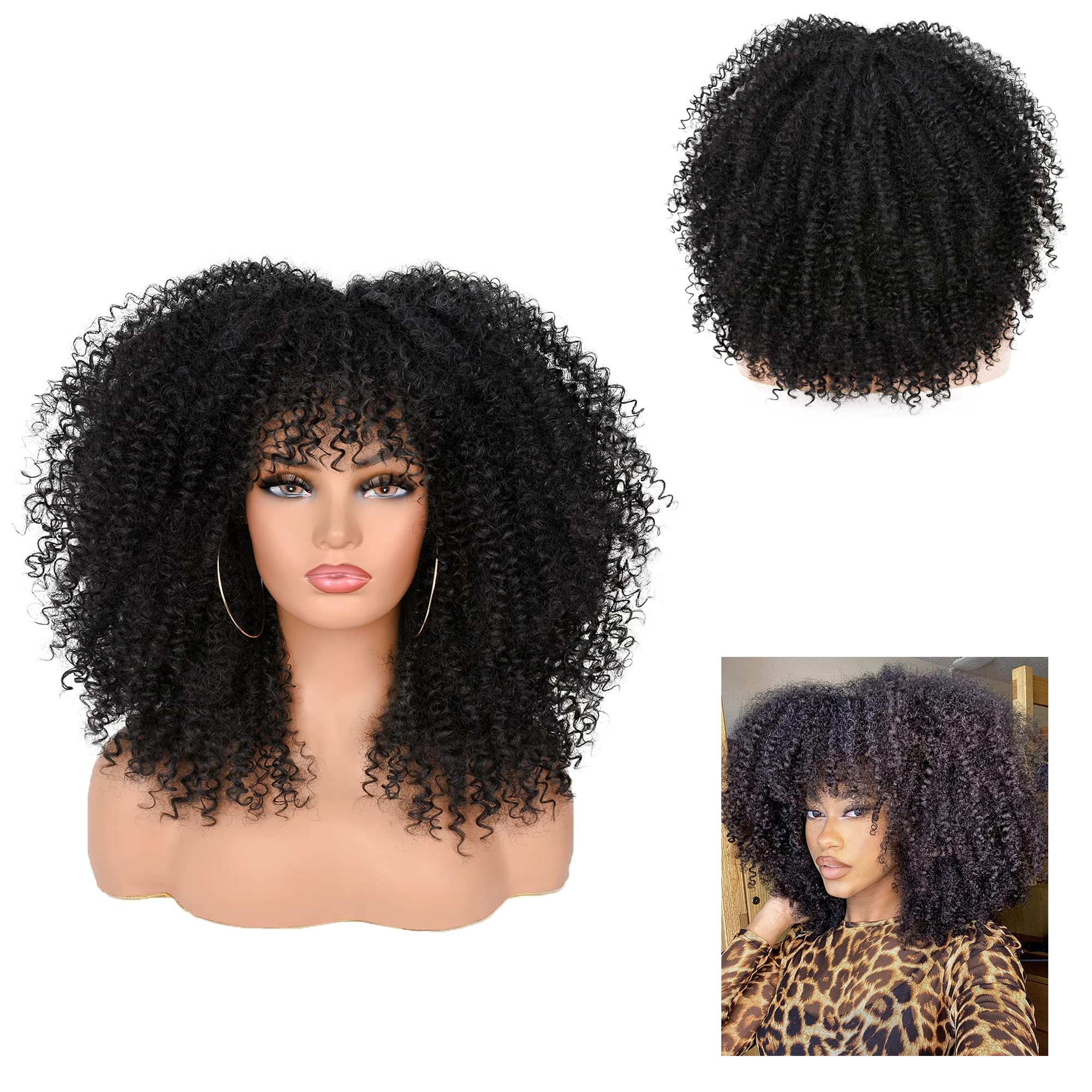 ELECDON Short Curly Afro Wigs with Bangs for Black Women 14 Inch, Kinky Curly Wig Synthetic Fiber Heat Resistant Full Wig (Black)