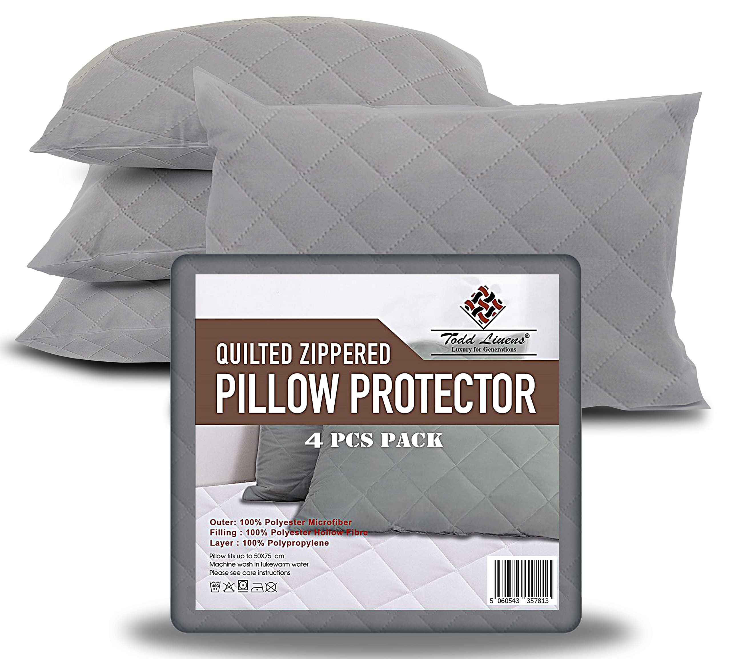 Todd Linens Zipped Pillow Protectors 4 Pack, Quilted Pillow Protectors, Breathable 85 gsm Microfiber, Premium Pillow Protectors Grey 50x75 cm