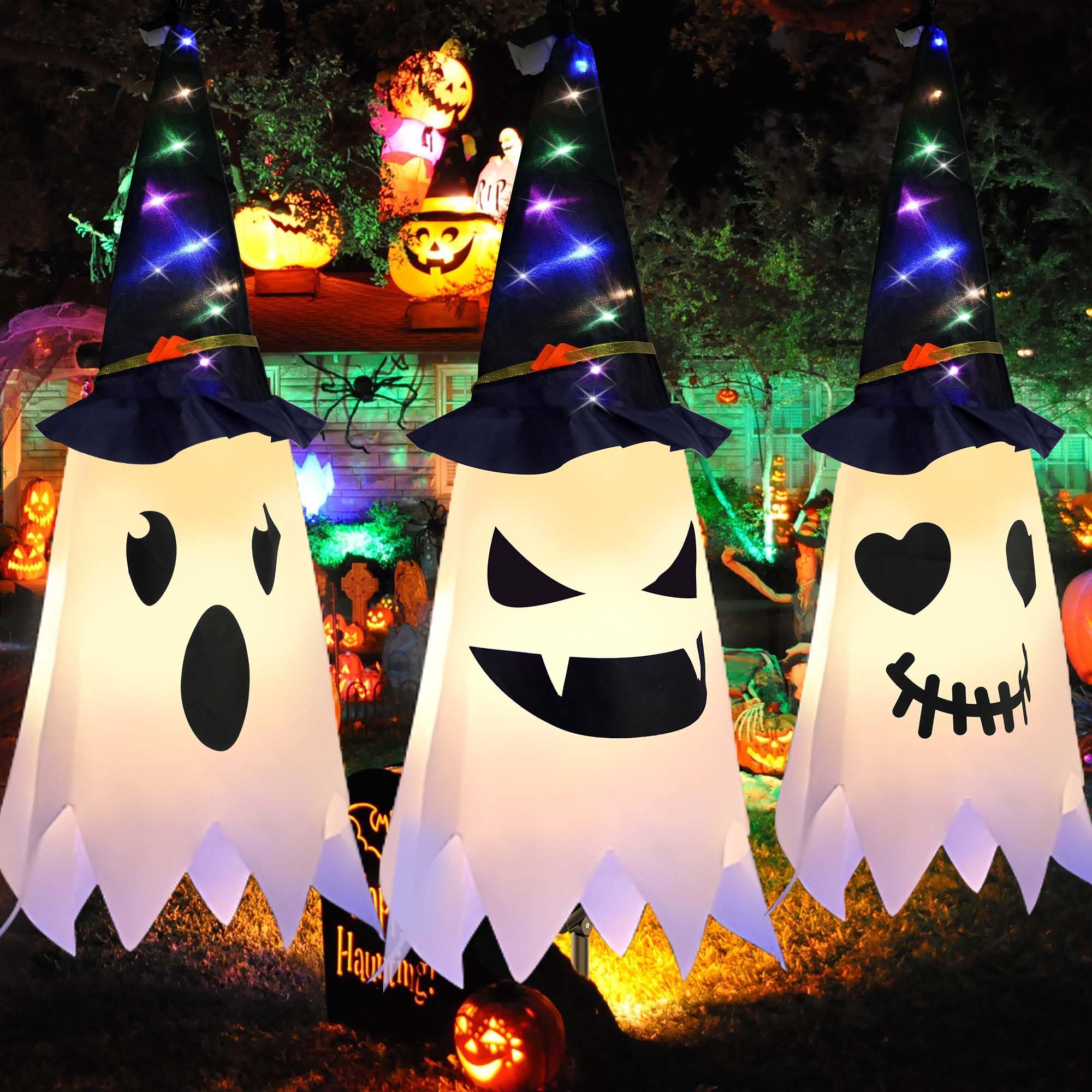 Halloween Decorations Outdoor, 3 Pcs Light Up Halloween Hanging Ghosts, Cute Hanging Lighted Glowing Ghost Witch Hat Halloween Ornaments Outdoor Indoor Decor for Party Home Tree Garden Yard