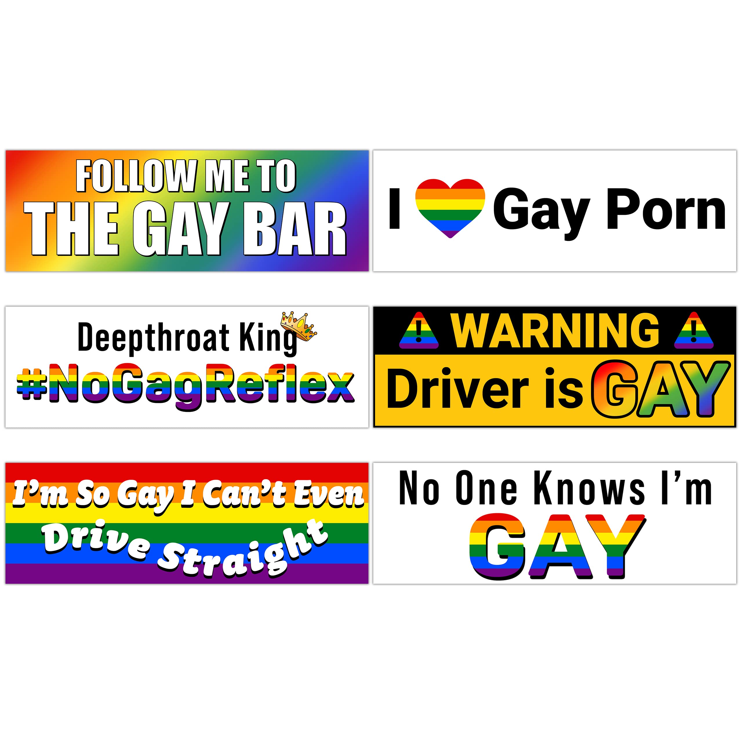 Super Funny, Prank Gay Bumper Sticker - 18 PK 3x9 Inch Vinyl Rainbow Stickers in 6 Designs - Hilarious, Fun, and Colorful - USA Made, Dirty Adult Practical Joke Decals - Trick Your Friends and Enemies