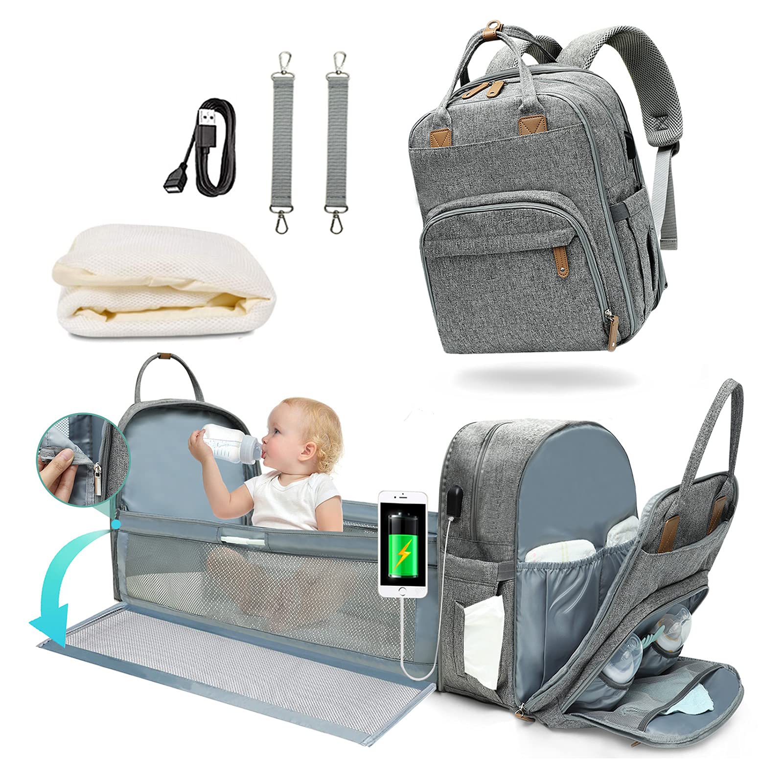 Diaper Bag Backpack with Changing Station Mominside 3 in 1 Baby Bag with 20 Pockets Detachable Foldable Bassinet Bed Mommy Bag 4 Insulated Pockets, Stroller Straps, USB Charging Port Grey