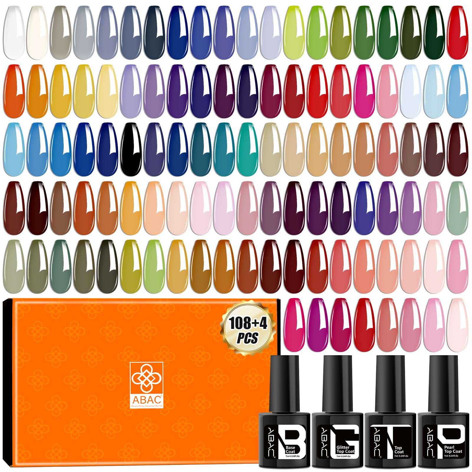 ABAC 112 PCS Gel Polish Set Hema Free Gel Polish,Glitter Top Coat&Pearl Top Coat&Glossy Top Coat,All You Need 108 Colors Pink Orange Blue Green Red Glitter Gel Polish Kit,Gift for Women Manicure Lover