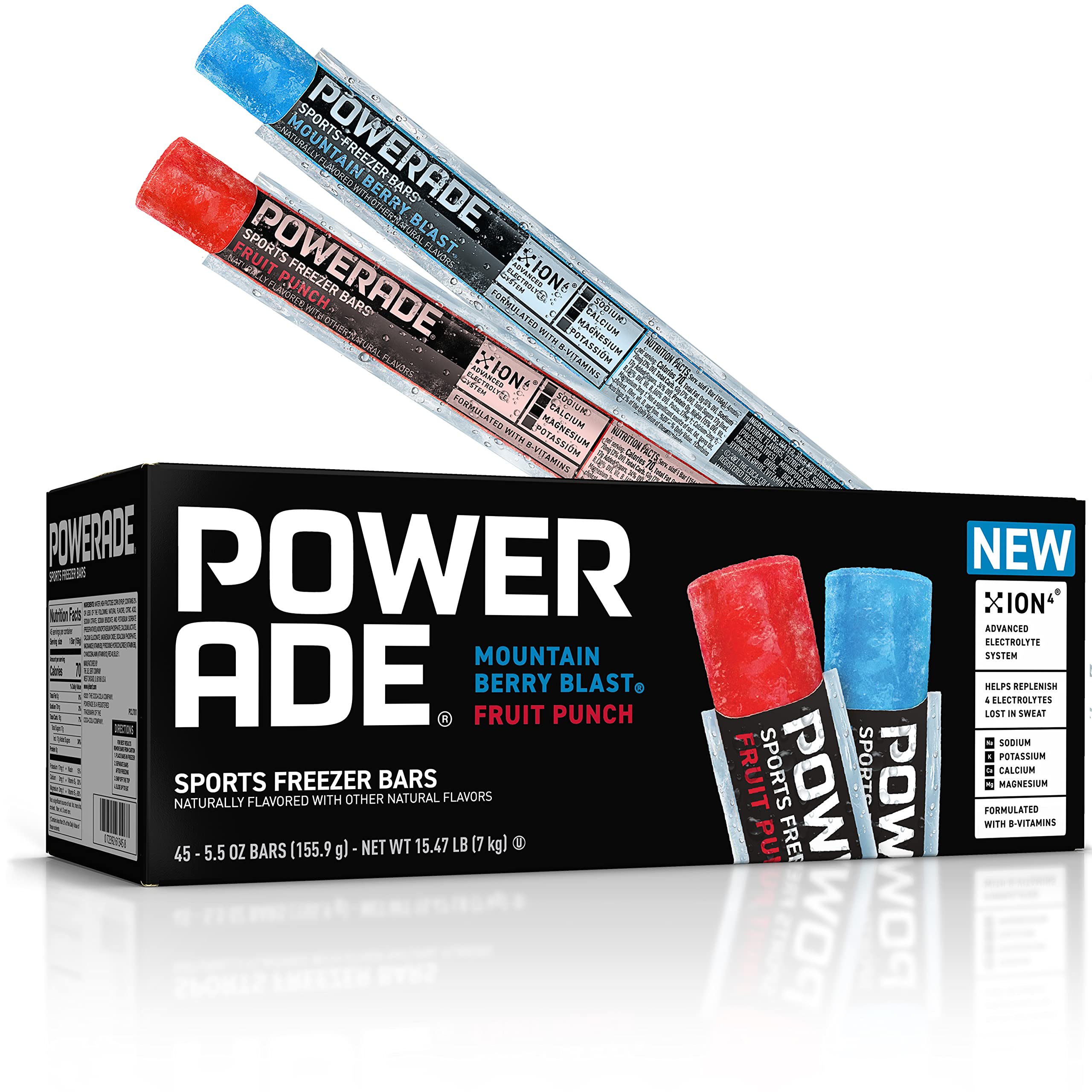 POWERADE Sports Freezer Bars, Giant Sized 5.5 oz Refreshing Ice Pops with Electrolytes B Vitamins – Naturally Flavored, Mountain Berry Blast and Fruit Punch, 45 Total Freezer Bars