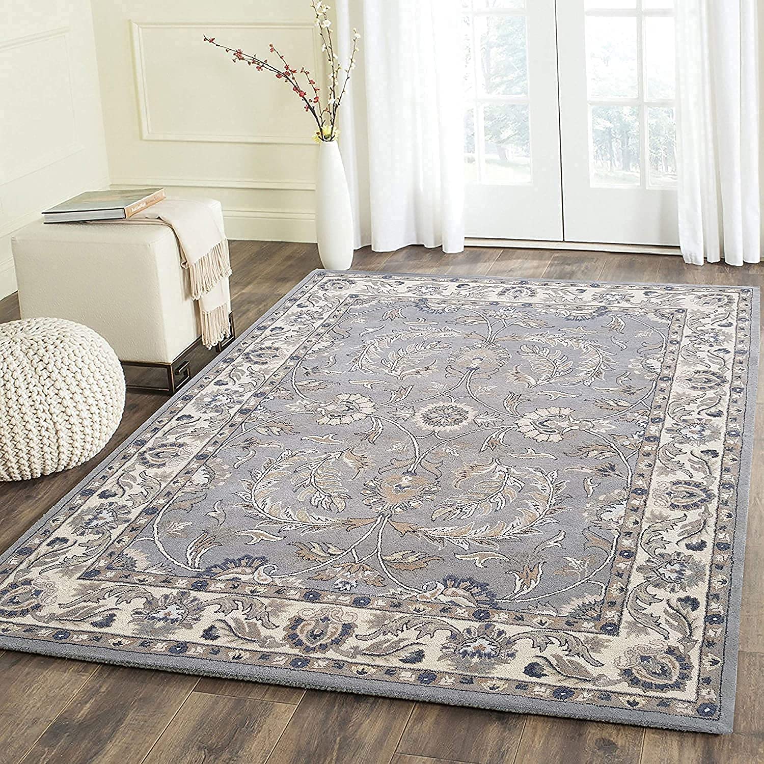 HassanCarpet L Grey Traditional Persian Superfine Pure Woolen Carpet for Living Room, Bed Room and Hall with 1.0 inch Thickness (6 X 8 Ft)