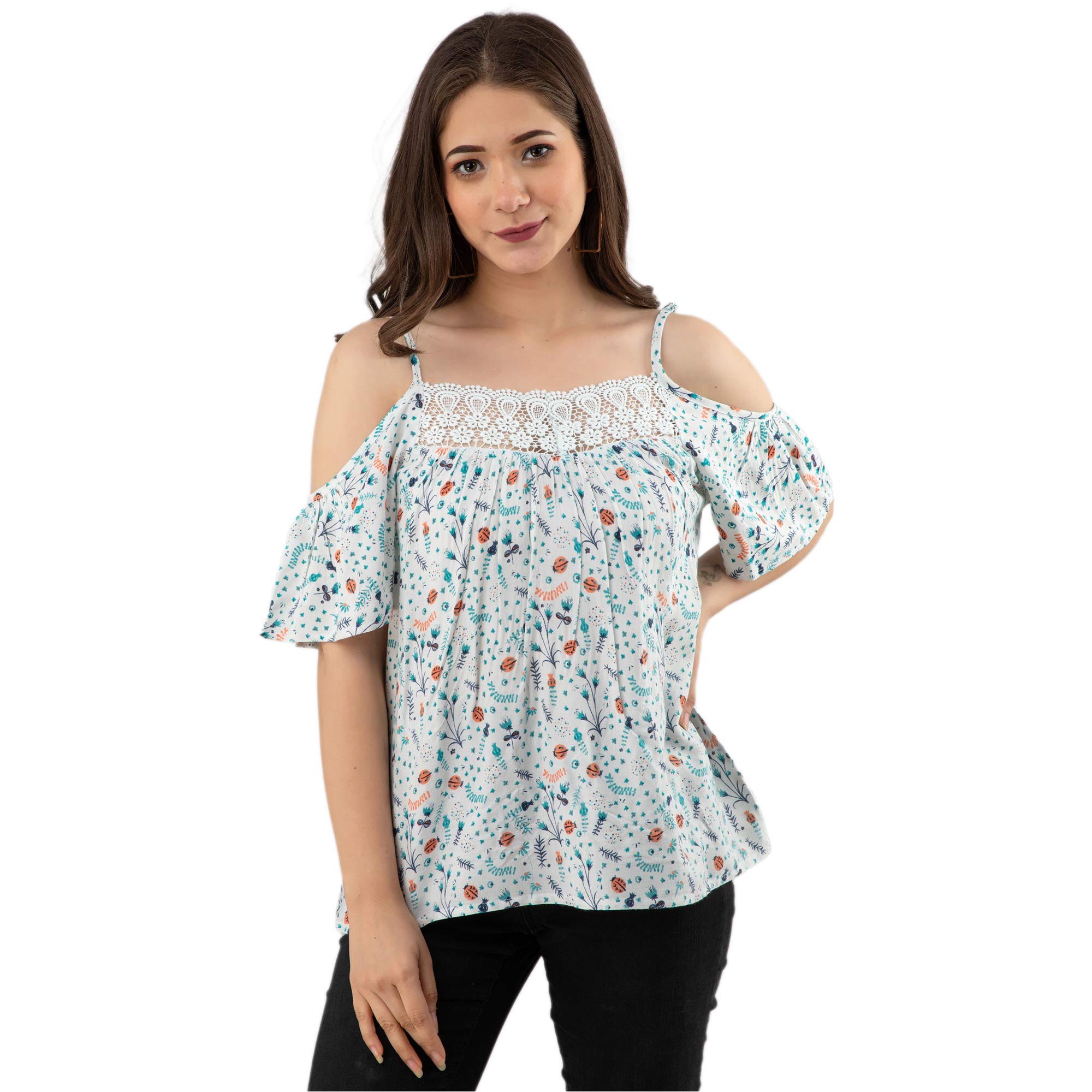 Printed Off Shoulder Women White Color Top