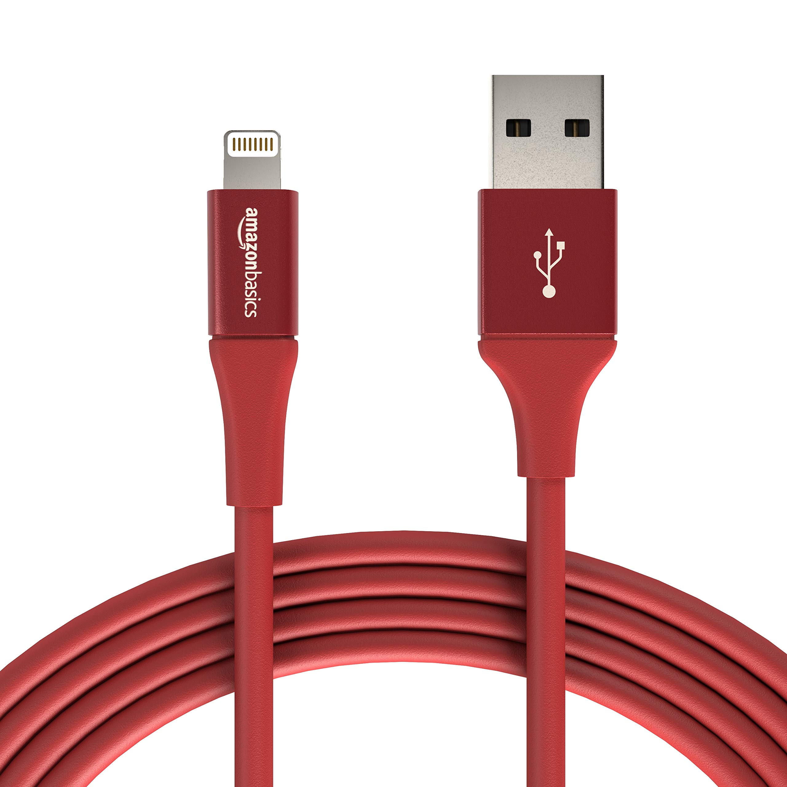 Amazon Basics USB A Cable with Lightning Connector, Premium Collection, MFi Certified Apple iPhone Charger, 10 Foot, Red