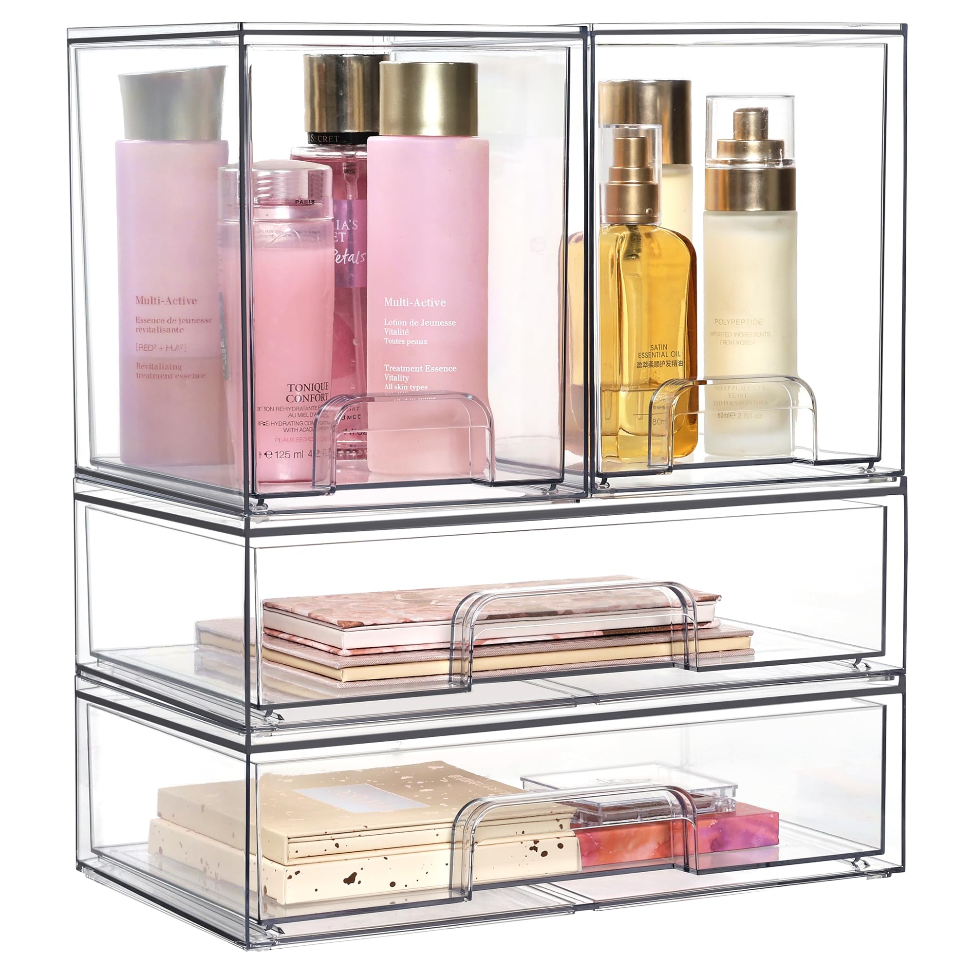 VtopmartStackable Storage Drawers Set of 4,7.6" Tall and 12'' Wide Clear Plastic Organizer Bins for Makeup, Cosmetics, Beauty Supplies,Ideal for Vanity, Bathroom,Cabinet,Pantry Organization