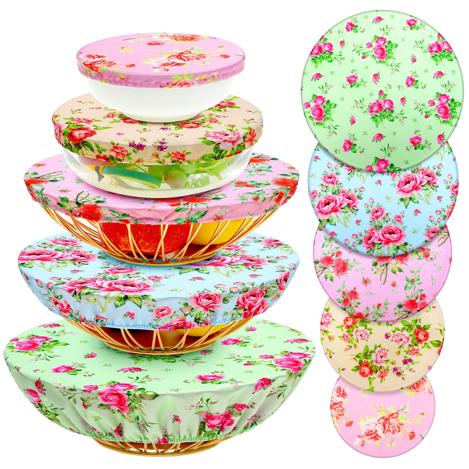 10 Pieces Bowl Covers Reusable in 5 Size Stretch Cloth Fabric Bowl Covers Elastic Food Storage Covers Cotton Bread Bowl Covers Reusable Lids for Food, Fruits, Leftover (Floral Style)