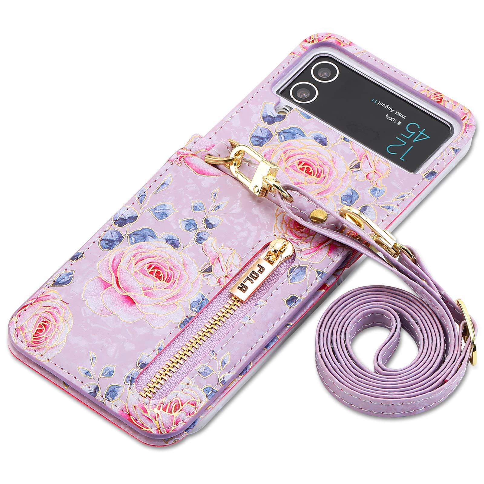 SZHAIYU Flower Wallet Purse for Samsung Galaxy Z Flip 4 5G Crossbody Case with Credit Card Holder Strap Lanyard Women Floral Kickstand Flip Leather Zipper (Purple,Z Flip 4)