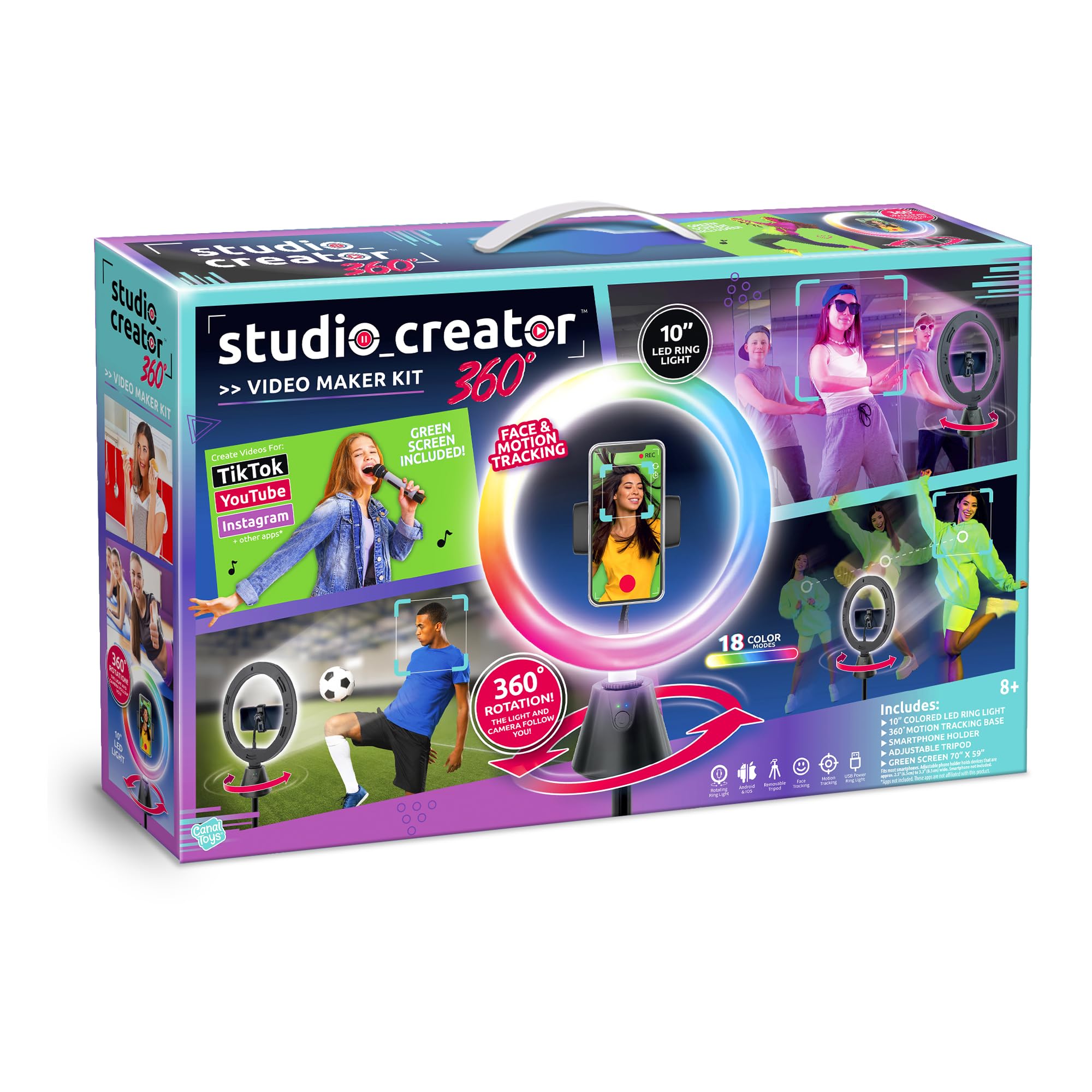 Canal Toys Studio Creator 360 Video Maker Kit, Green Screen and Tripod, Face and Motion Tracker, 10" Light Ring, Multi Colored