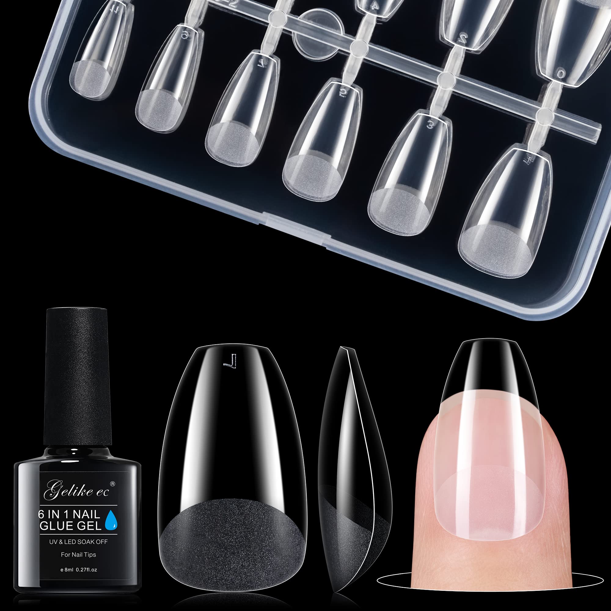 gelike ecShort Coffin Soft Gel Nail Tip Kit with 6 in 1 Nail Glue Gel, X Gel Full Cover Nail Tips,Nail Glue for Clear False Nail Tips and Clear Press on Nails