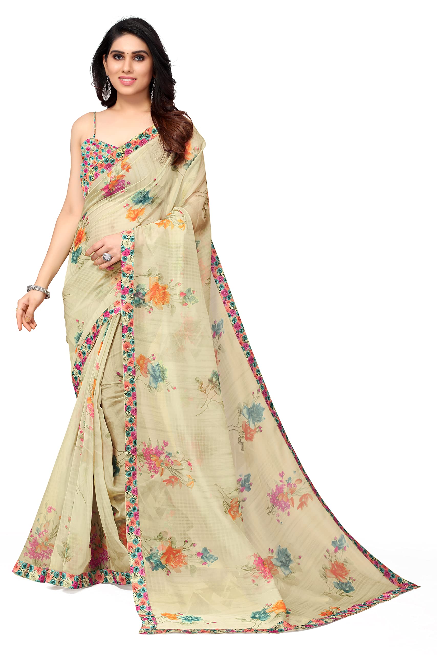 MIRCHI FASHIONWomen's Stylish Organza Floral Pattern Digital Print Border Design Saree with Blouse Piece