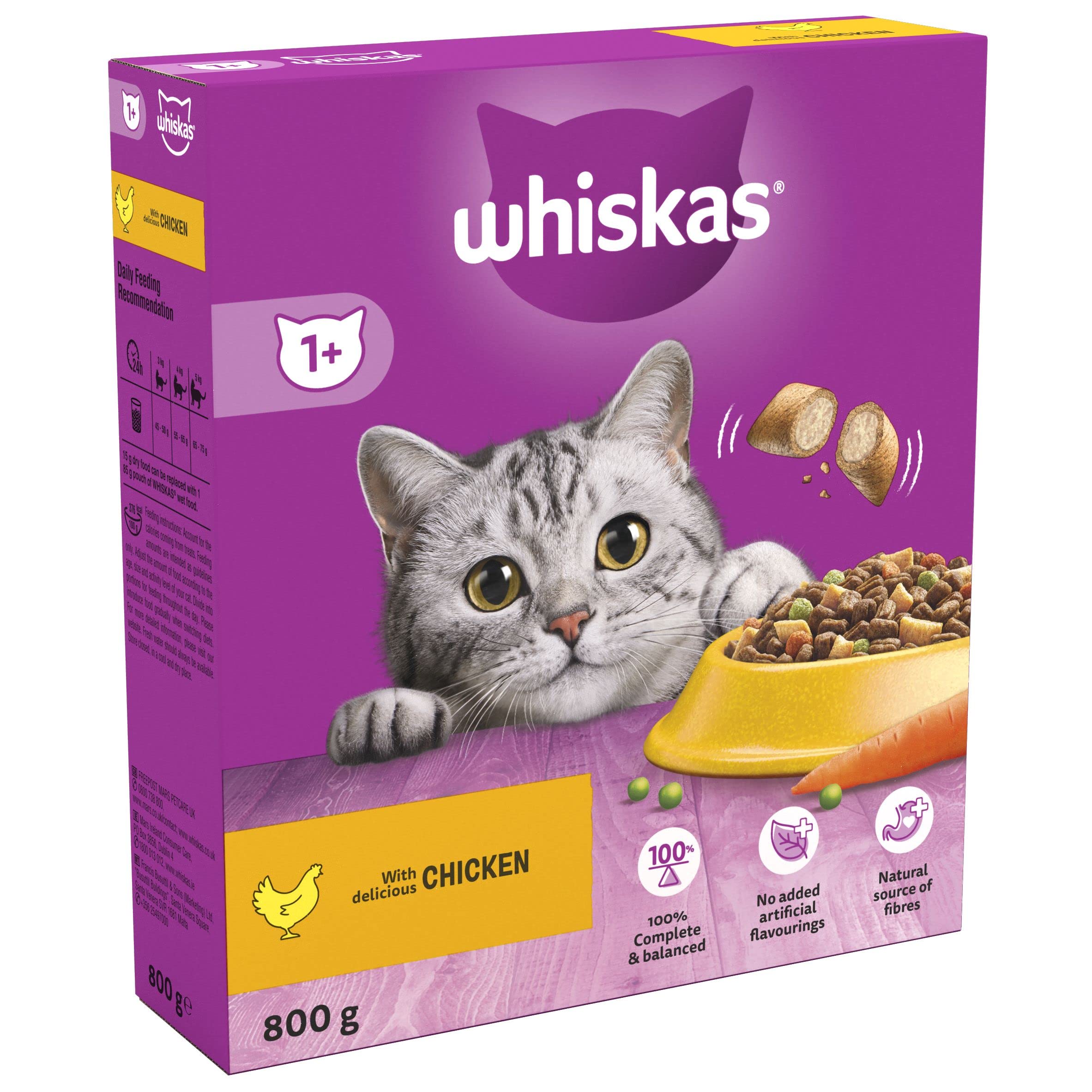 whiskas1+ Chicken Pack of 1 x 800 g Bags, Adult Cat Dry Food