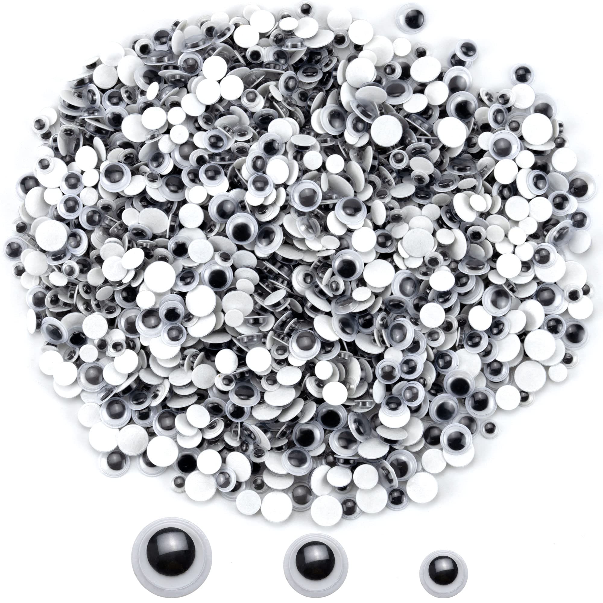 1800 Pieces Wiggle Googly Eyes Plastic Black and White Bulk Self Adhesive Googly Eyes Mixed Size 6mm 8mm 10mm for DIY Art Crafts Scrapbooking Dolls Puppets Invitation Cards