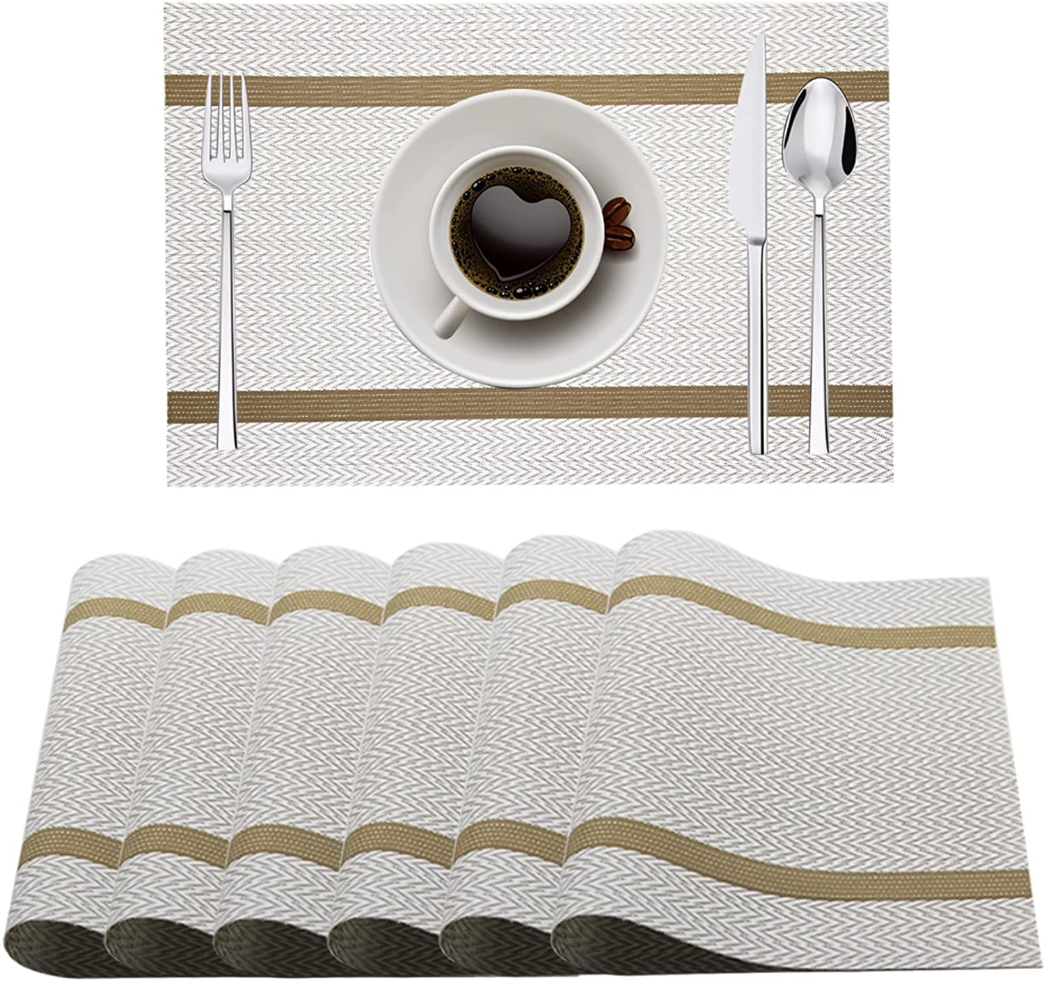 Place Mats Set of 6, Heat Insulation Placemats Stain Resistant Placemat, Durable Cross Weave Woven Vinyl Kitchen Table Mat for Dining Table. (White & Gold Stripes)