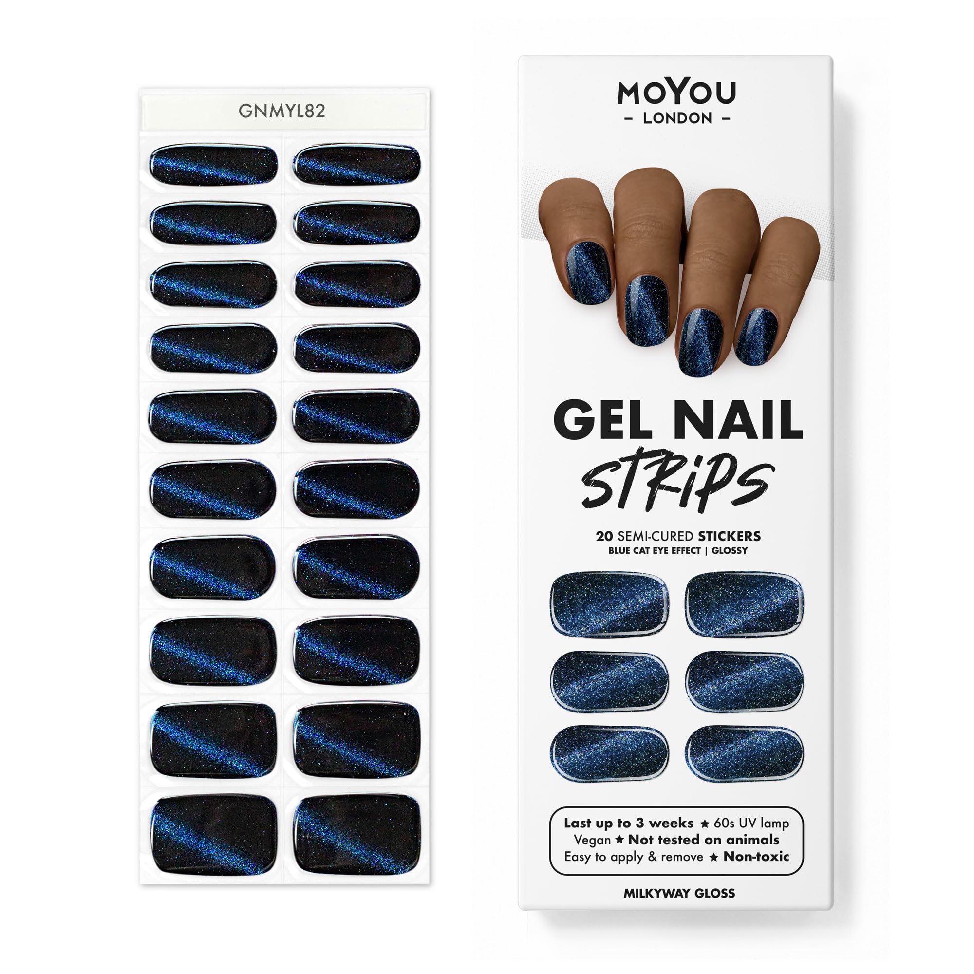 MOYOU LONDON Semi Cured Gel Nail Wraps, 20 Pcs Gel Nail Polish Strips for Salon-Quality Manicure Set with Nail File & Wooden Cuticle Stick (UV/LED Lamp Required) - Milkyway Gloss