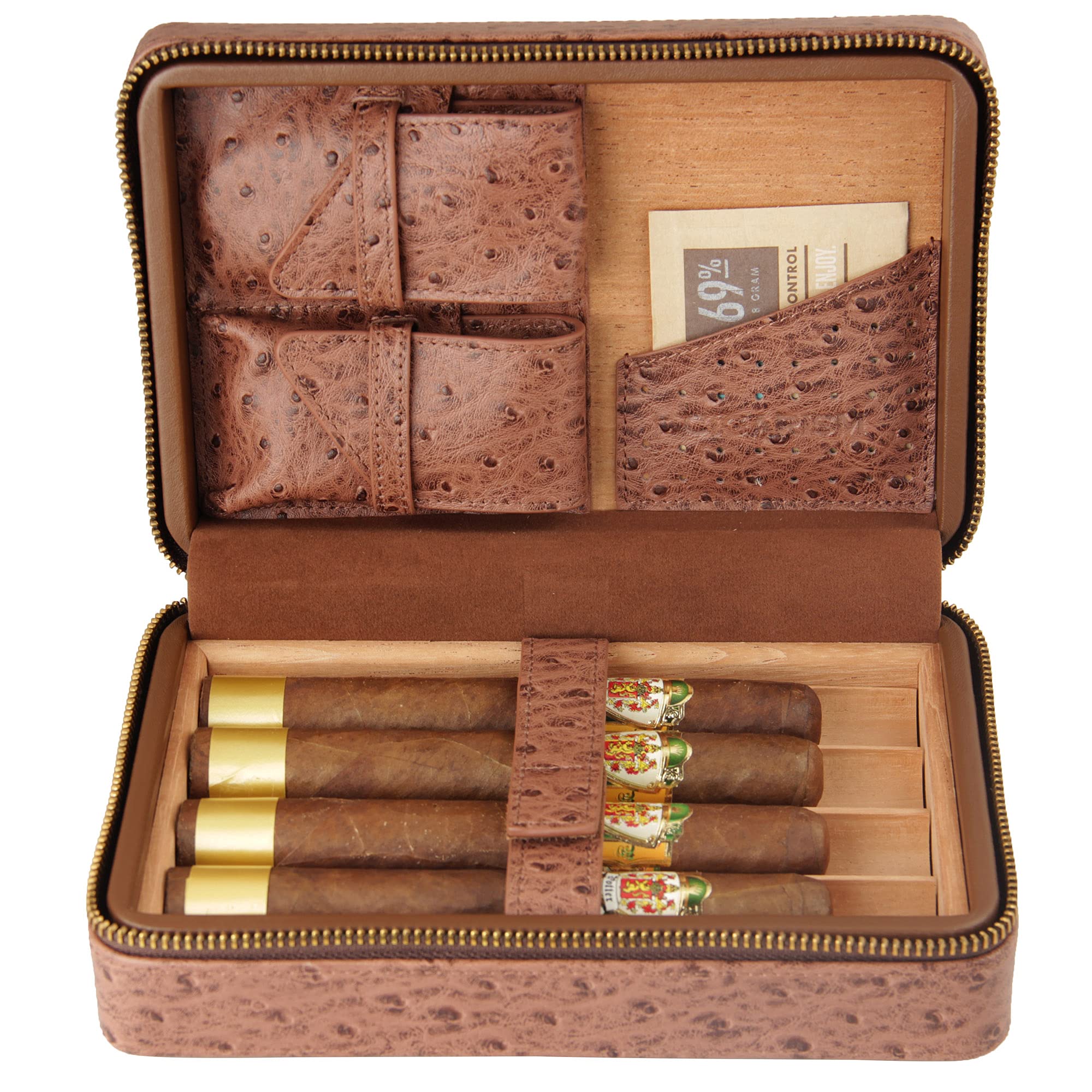 4 Count Ostrich Pattern Genuine Leather Cedar Cigar Travel Case Cigar Humidor Cutter Lighter Set