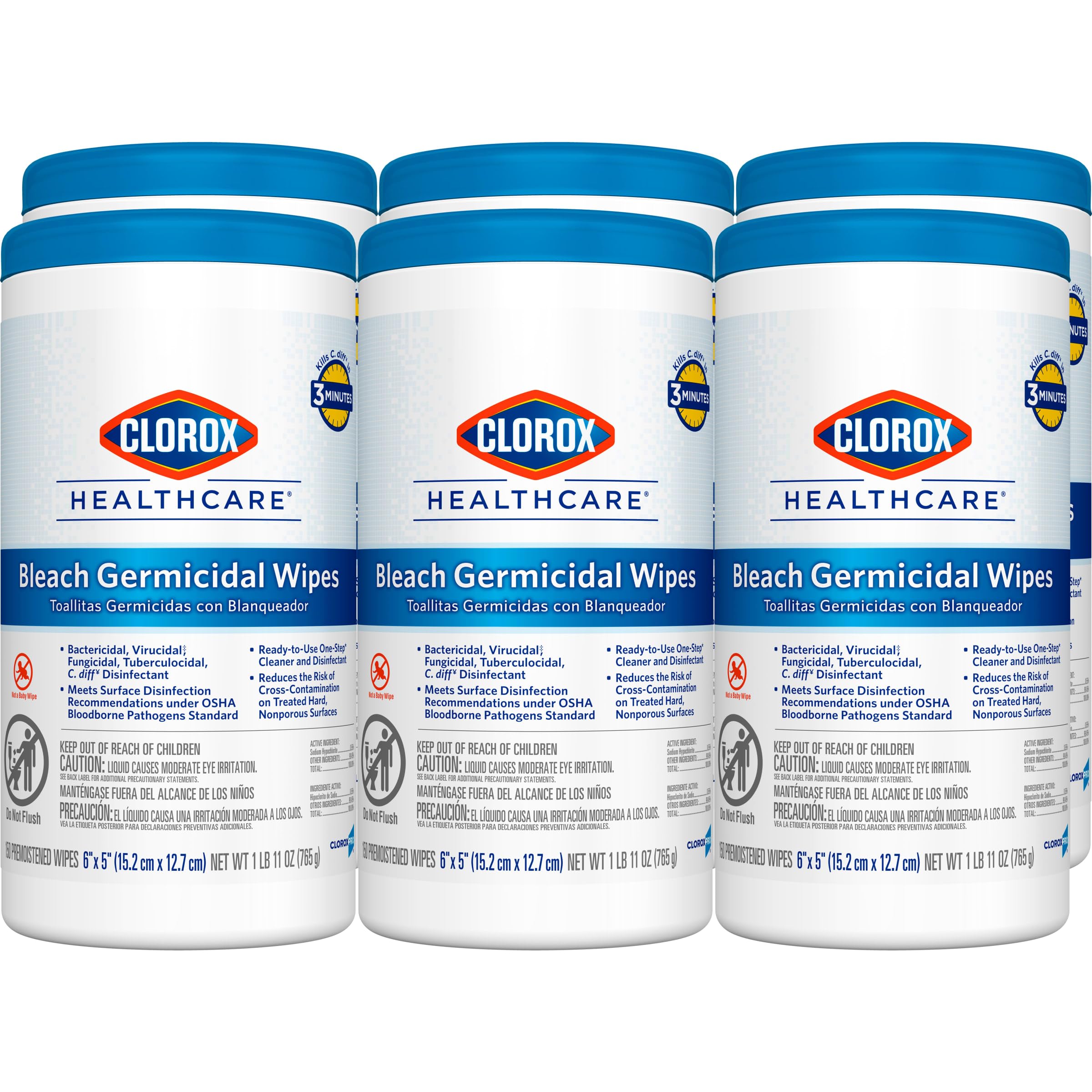 Clorox Healthcare Bleach Germicidal Wipes, 150 Count, Pack of 6 (Package May Vary)