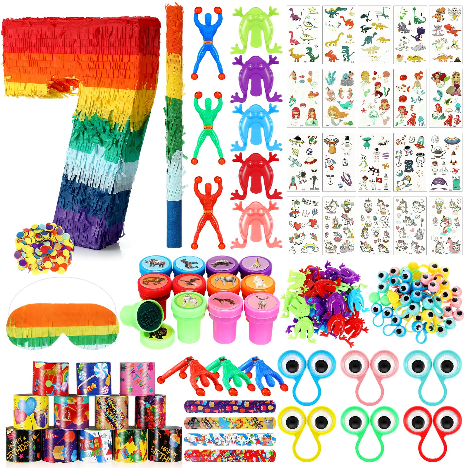 Lenwen 120 Pcs Rainbow Pinata Toy Set, Multicolor Kids Birthday Party Pinata with Blindfold Stick and Confetti Carnival Prize for Girls Boys 4th Anniversary Cinco De Mayo Fiesta Decor (Number 7)