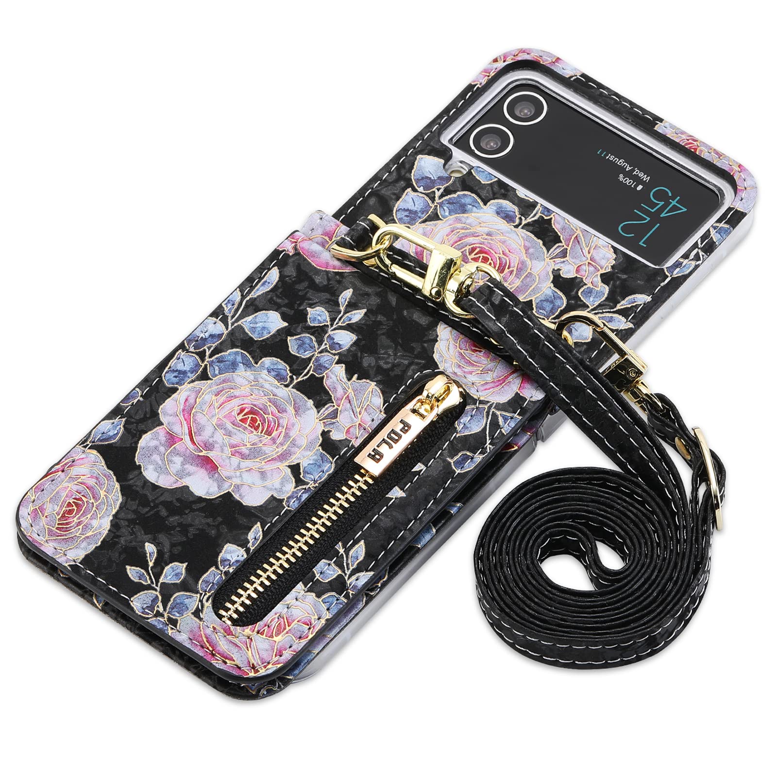 SZHAIYU Flower Wallet Purse for Samsung Galaxy Z Flip 4 5G Crossbody Case with Credit Card Holder Strap Lanyard Women Floral Kickstand Flip Leather Zipper (Black,Z Flip 4)