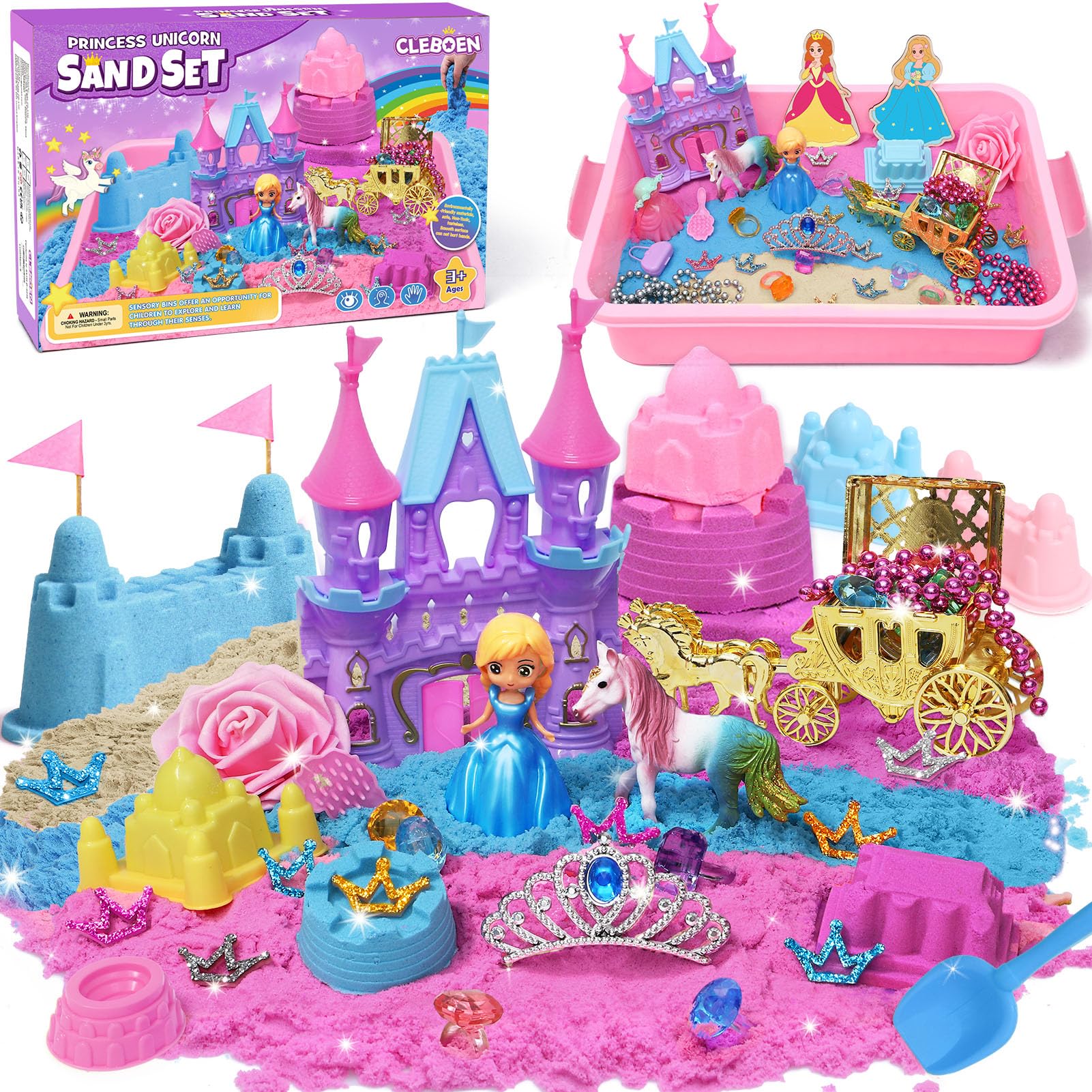 Play Sand for Kids Girls Princess Toys Sandbox Kit with 900g Color Magic Sand Toys Unicorn Figures Princess Castle Molds Play Sand Art Sensory Bin Toys Pretend Play Birthday Gift for Girl Kid Age 3-8