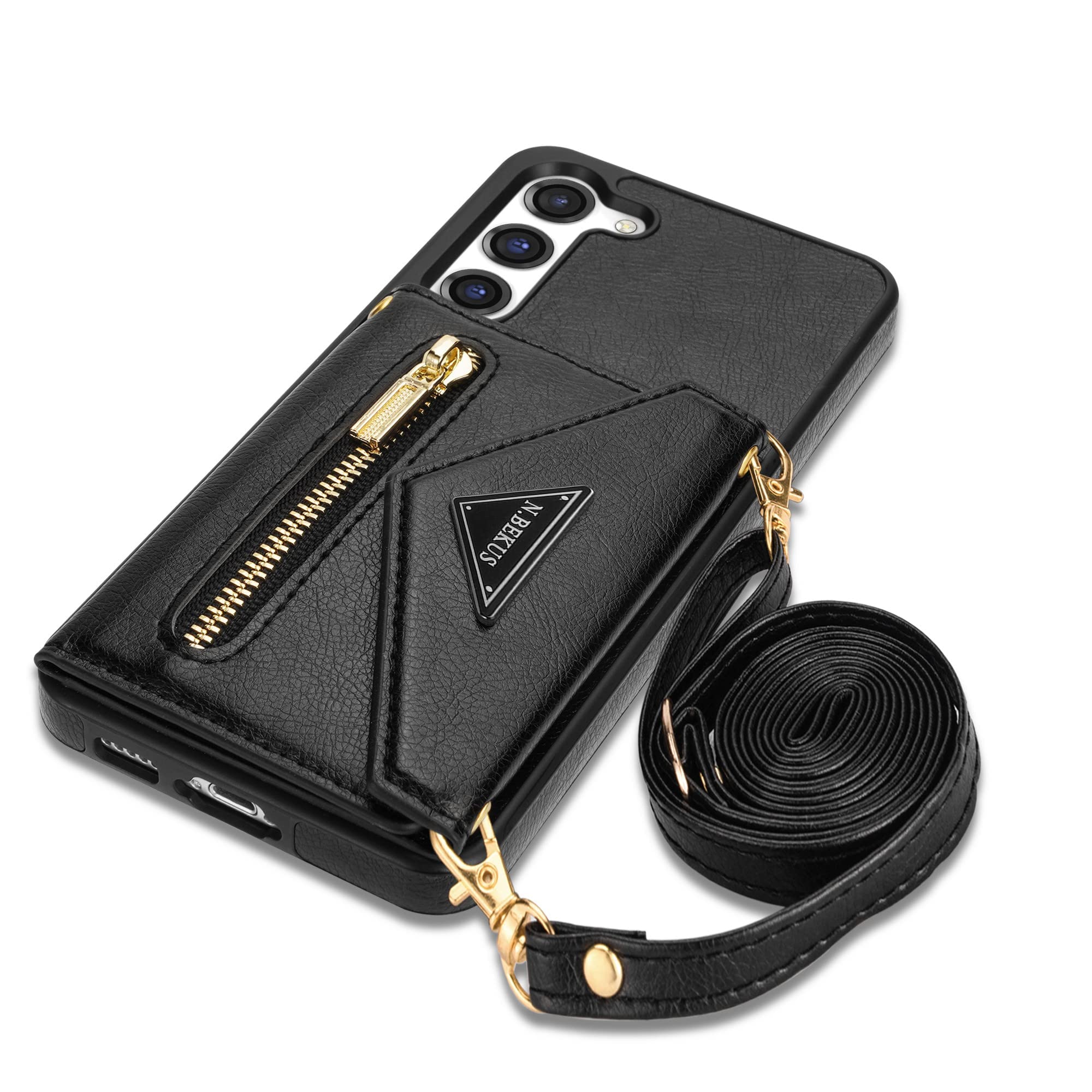 SZHAIYU Flip Leather Wallet Cover for Samsung Galaxy S23 5G Crossbody Case with Credit Card Holder Strap Lanyard 6.1'', Women Girl Purse Kickstand (Black,S23)