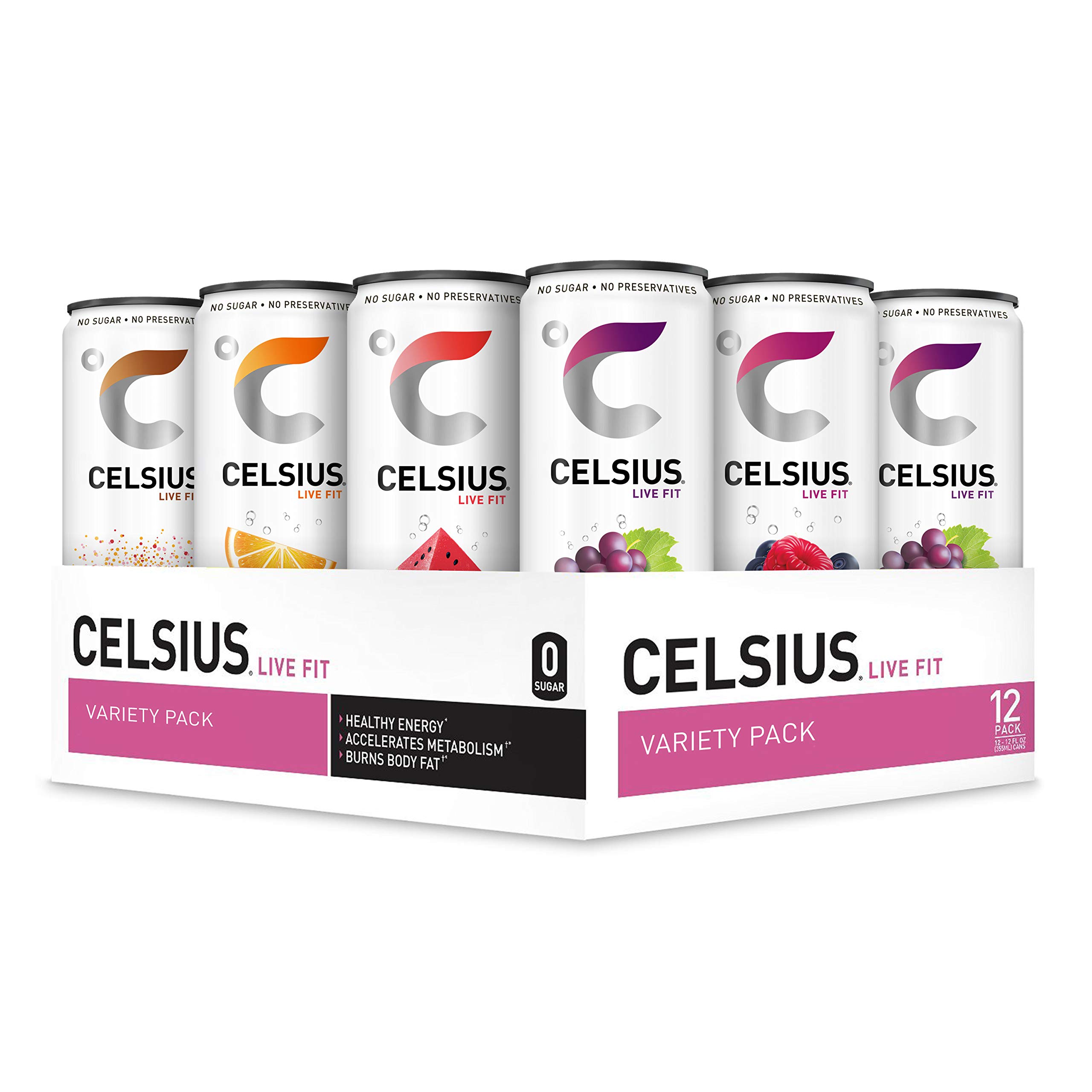 CELSIUS Fitness Drink Carbonated 5-Flavor Variety Pack, Zero Sugar, 12oz. Slim Can, 12 Pack