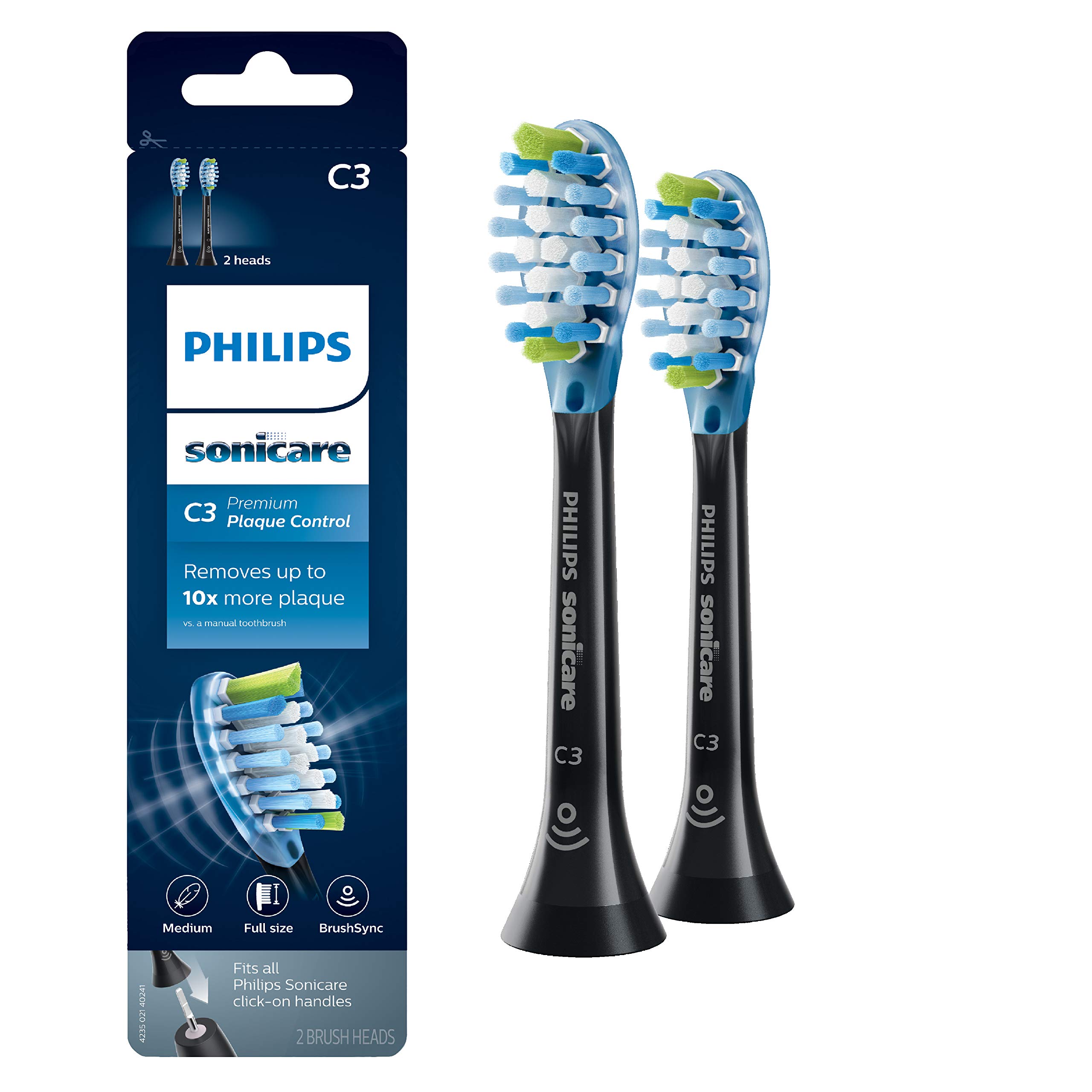 Philips SonicareGenuine C3 Premium Plaque Control Replacement Toothbrush Heads, 2 Brush Heads, Black, HX9042/95