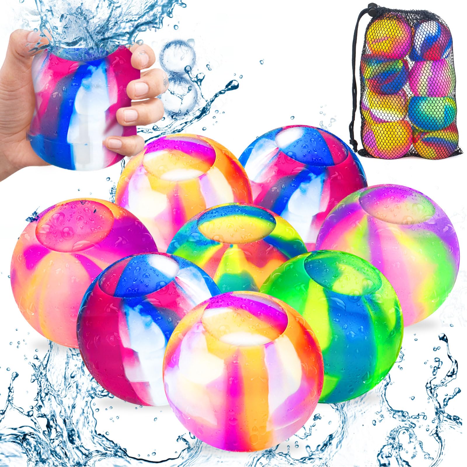 Tcvents8 Pack Reusable Water Balloons, Summer Pool Toys Water Bomb Balls for Boys Girls Age 3 4-7 8-12 Gift, Self-Sealing Quick Fill Water Balloons for Kids Beach Outdoor Activity Water Games