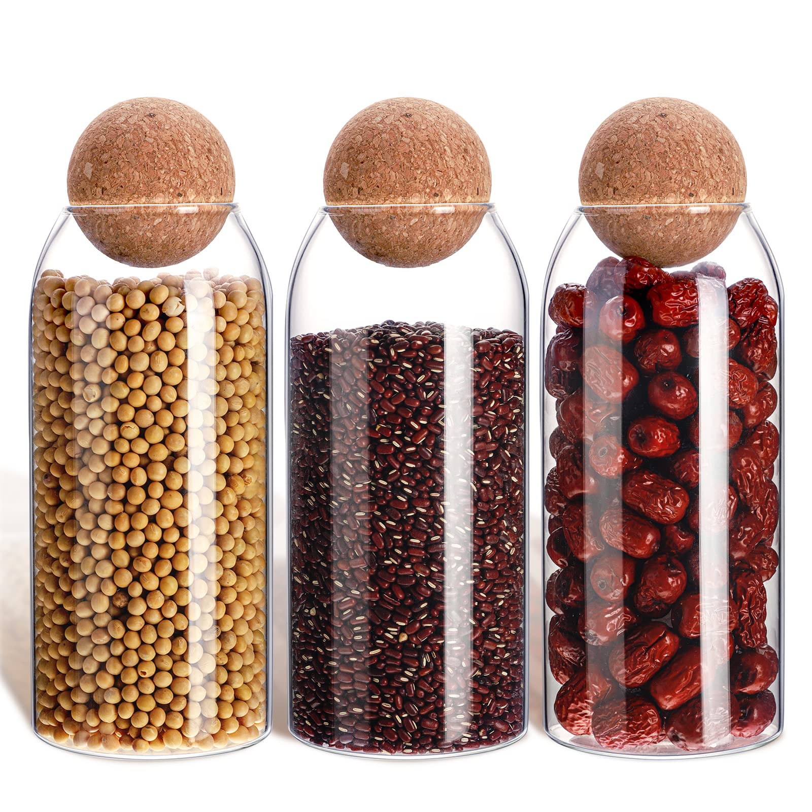 3 Pcs Cork Glass Jar Glass Bottle Sealed Jar Nut Storage Jar Coffee Bean Jar Glass Container with Ball Cork Round Glass Bottles with Cork Glass Canisters with Airtight Seal Wooden Lid (1000 ML/ 34 Oz)