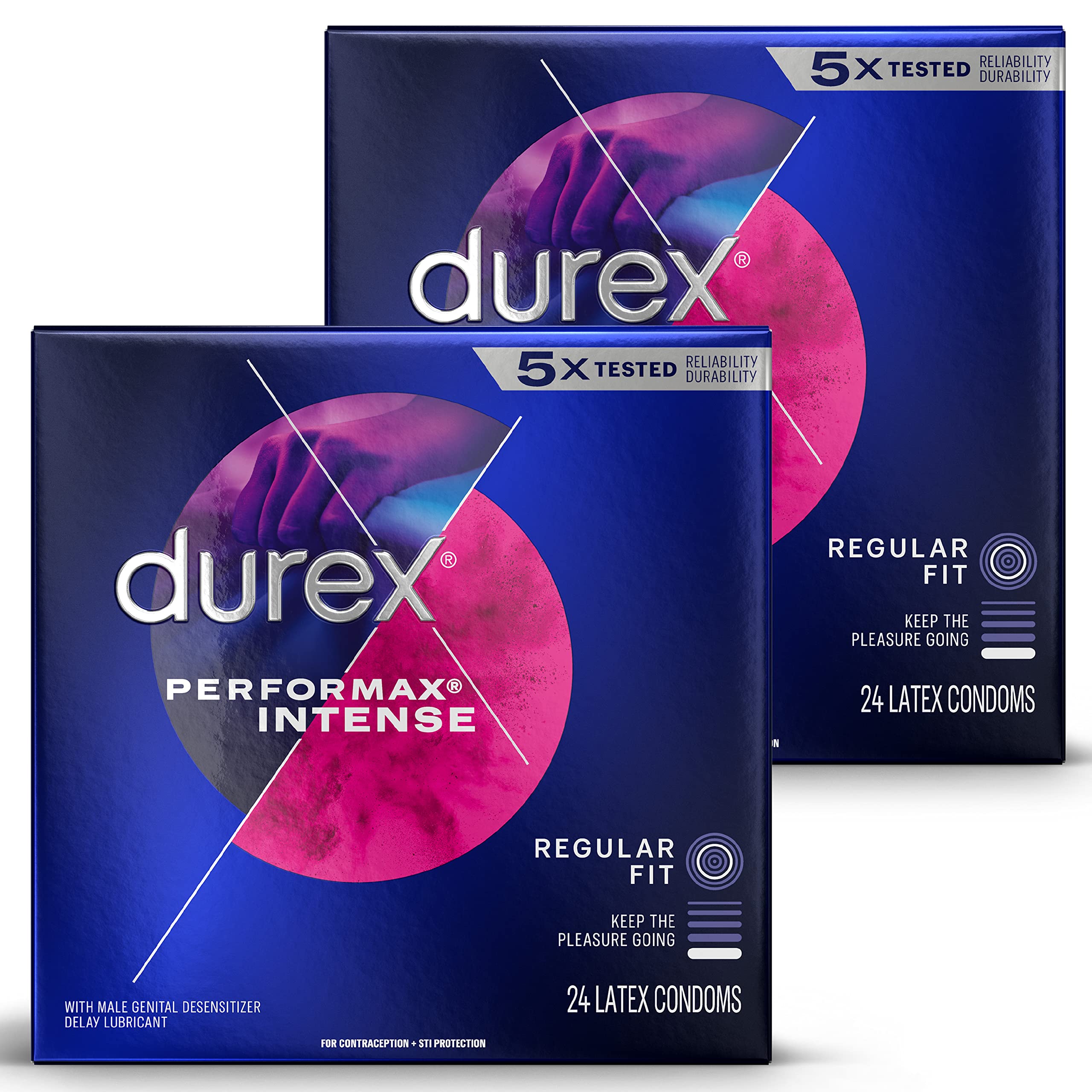 DurexPerformax Intense Natural Rubber Latex Ultra Fine Ribbed Condoms, Regular Fit, 48 Count (2 Pack), Contains Desensitizing Lube for Men, FSA & HSA Eligible (Packaging May Vary)