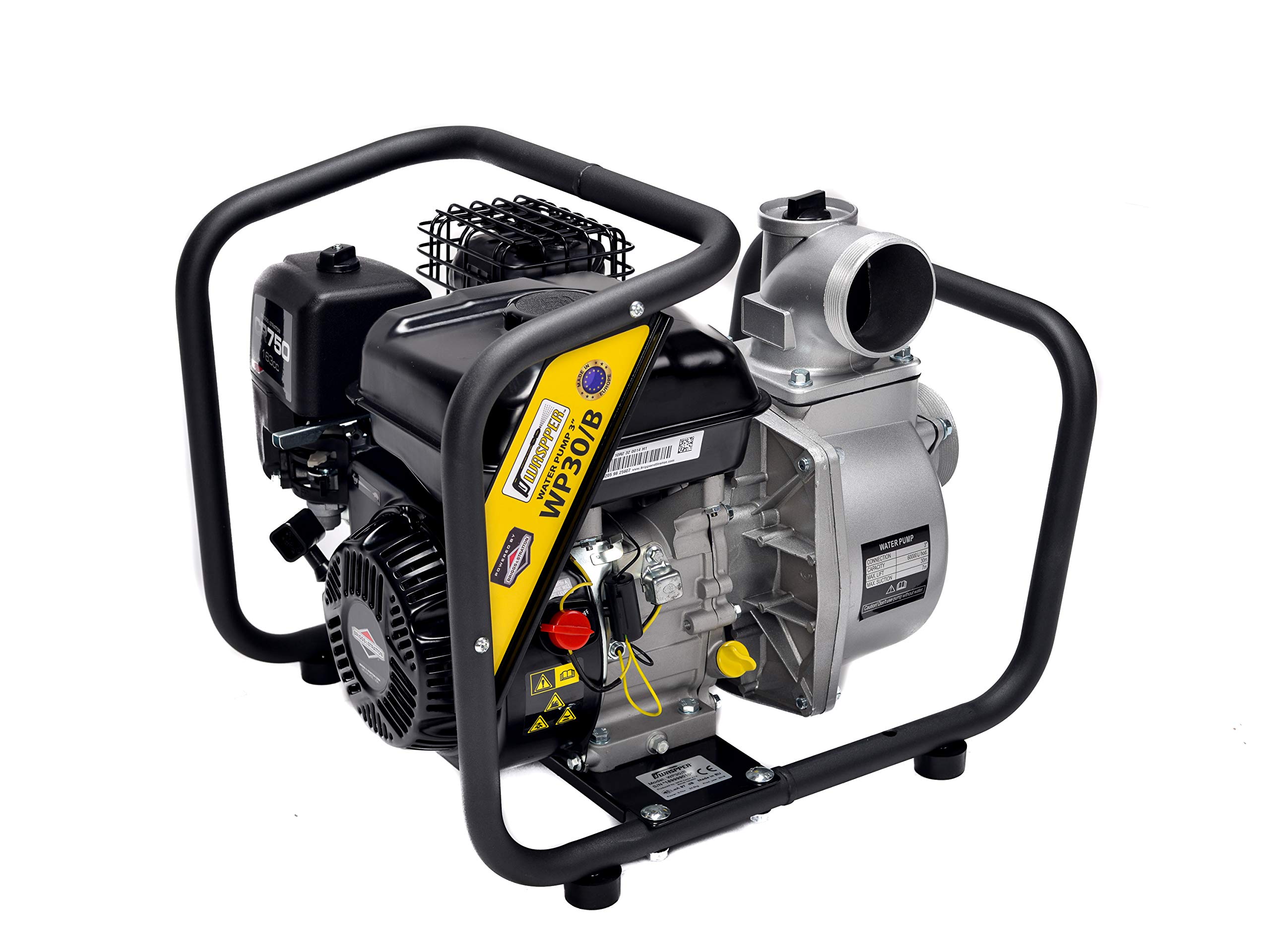 Briggs & Stratton Engine Powered Heavy-Duty Clean/Semi-trash Water Pump with 60m3/hr Flow Rate, 30m Water Lift, 3600 RPM 4-stroke Petrol Engine and Included Accessories, by WASPPER (WP30/B)