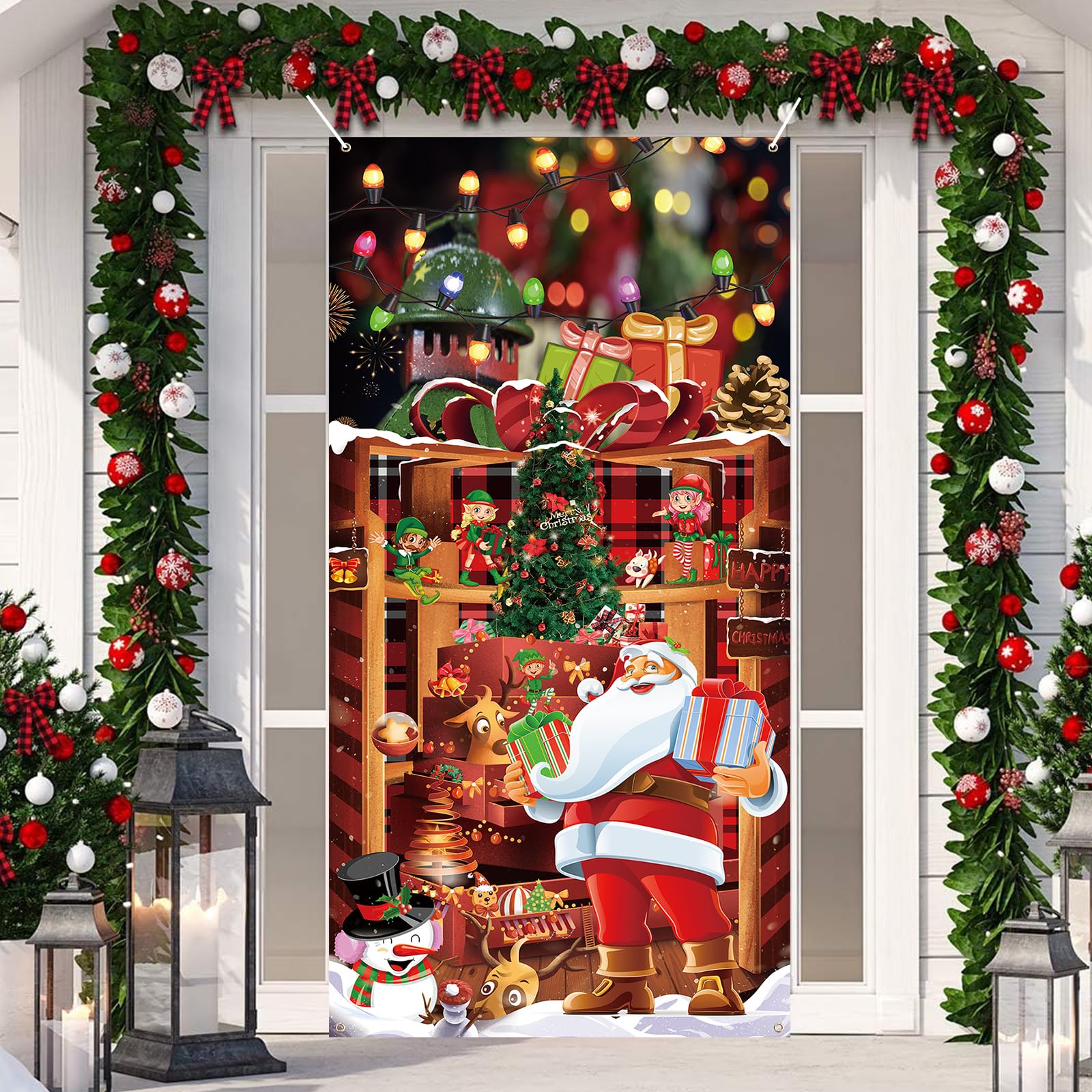 Christmas Door Banner Decorations, Red Merry Christmas Door Cover with Cute Santa Claus Snowman Gifts, Large Xmas Party Front Door Sign for Outdoor Winter Holiday Home Yard New Years Party Supplies