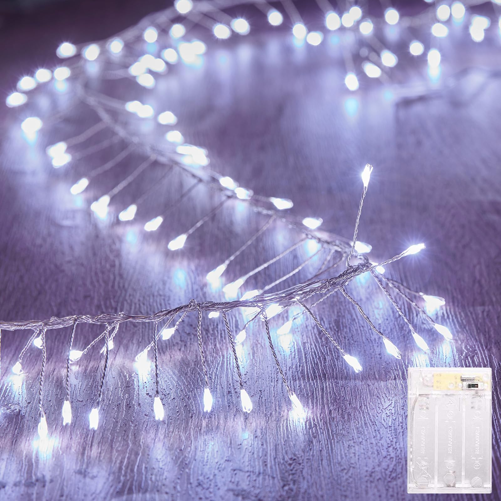 Fairy Lights Battery Operated, Twinkle String Lights Waterproof Silver Wire 5 Feet 60 Led Firecracker Starry Lights for DIY Wreath Home Wedding Party Bedroom Mason Jar Holiday Christmas, White