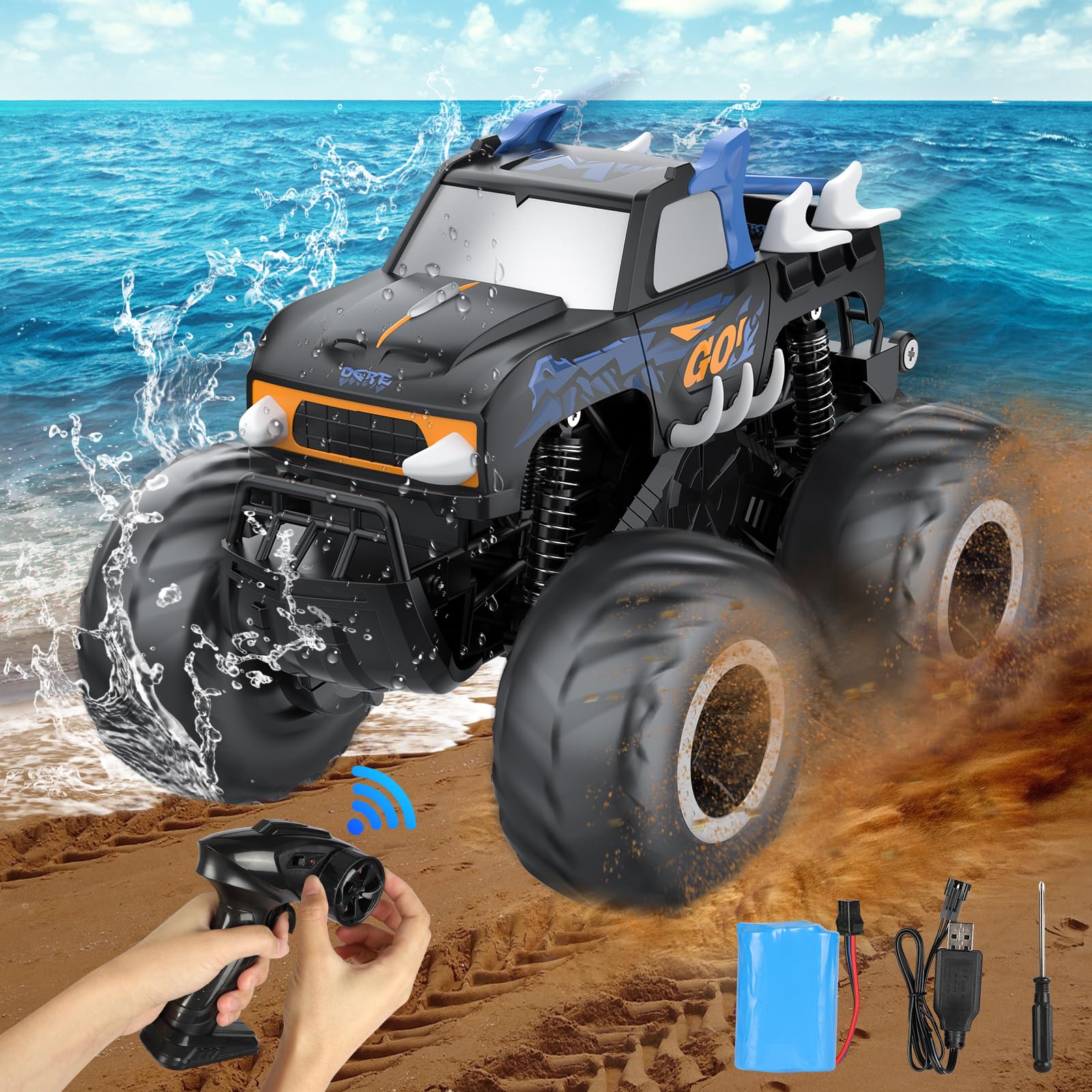 KialloyRemote Control Cars 1:16 Amphibious Off-Road RC, Monster Truck Off-Road RC Radio Controlled Car with 4 5 6 7 8 9 Kids Girls Gifts, 4WD 2,4 GHz, 20KM/H, 360° Rotation.