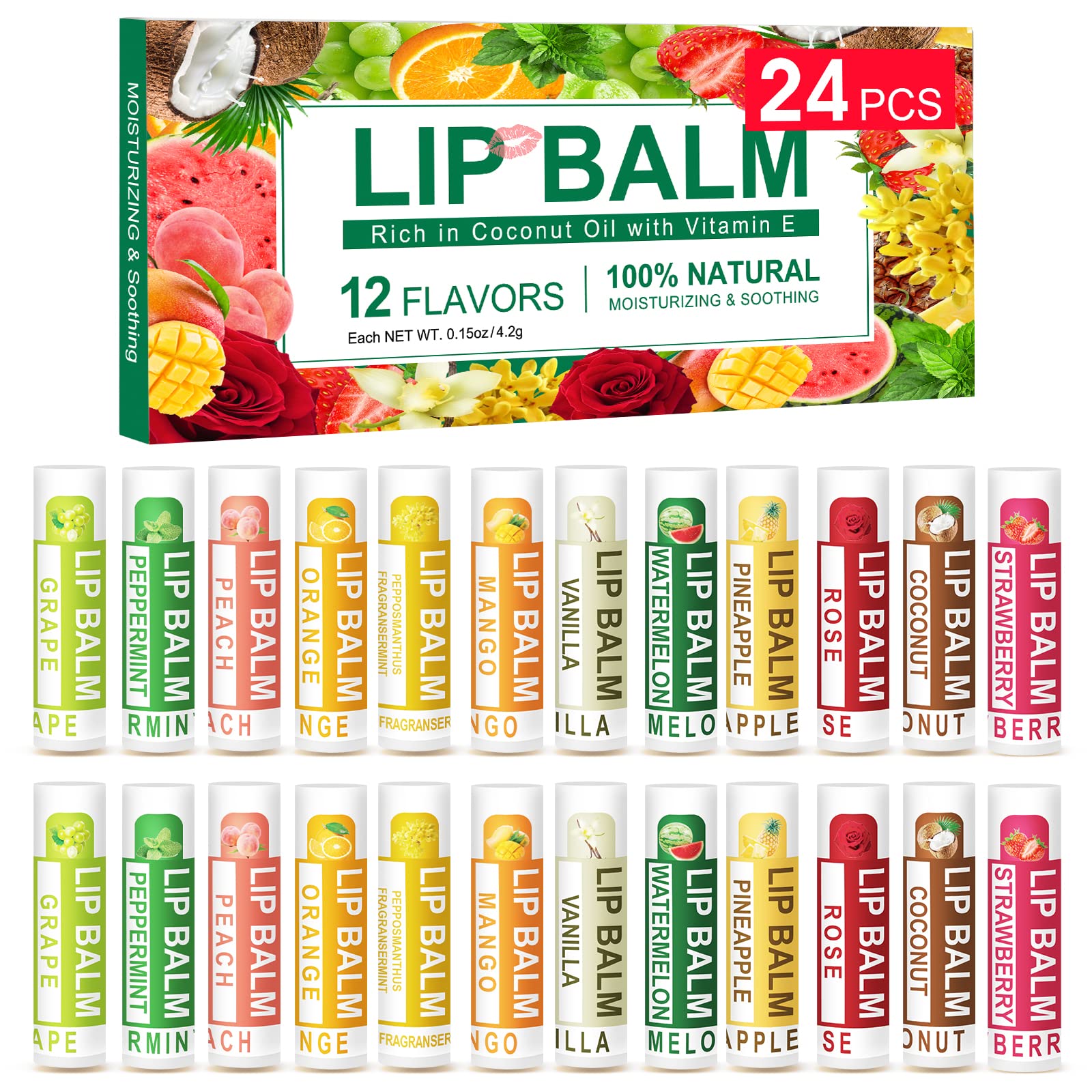 Dmsky24 Pack Lip Balm, Natural Lip Balm Bulk with Vitamin E and Coconut Oil, Lip Care Product, Moisturizing Soothing Chapped Lips