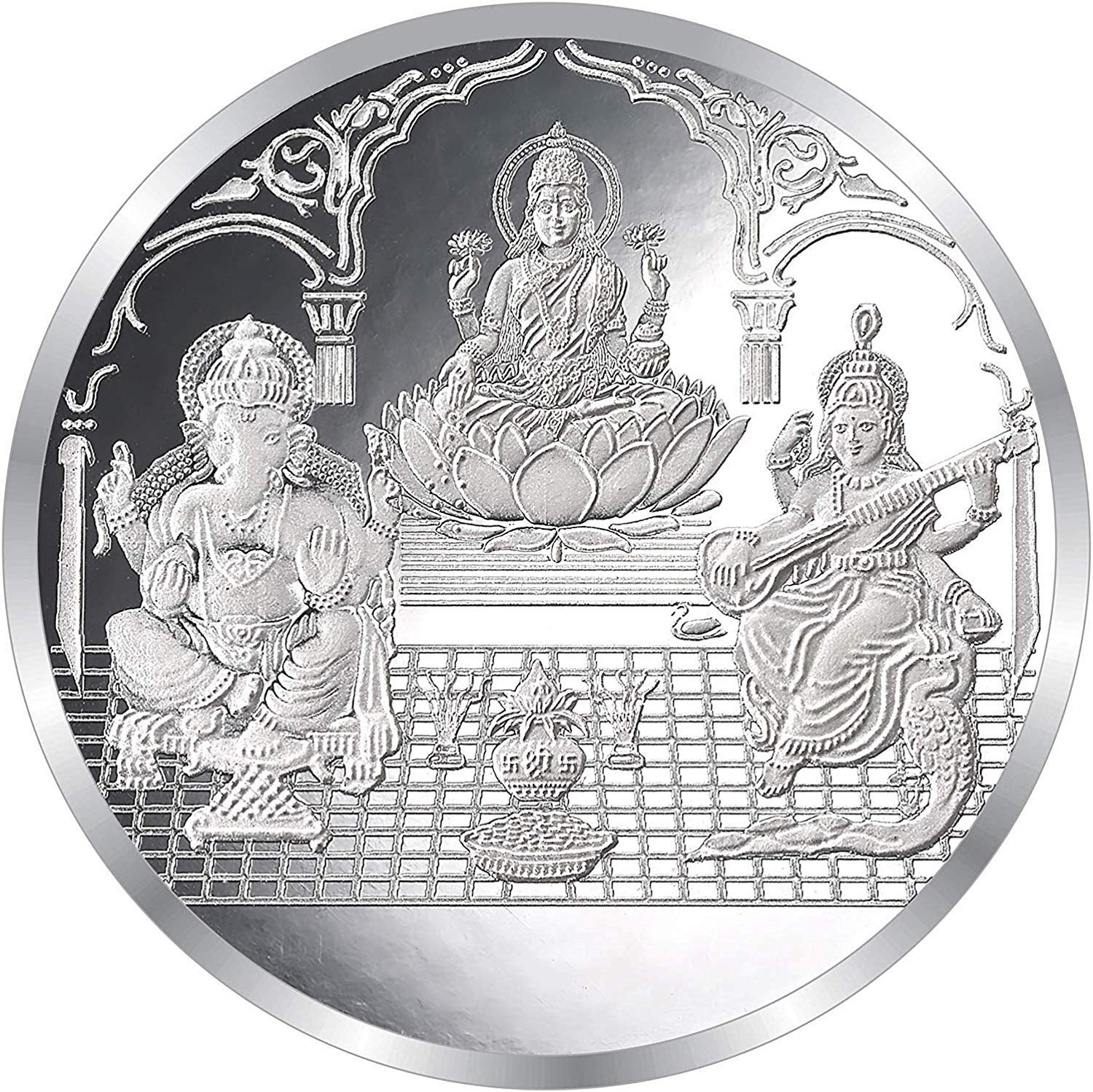 Shri Balaji Abhushan Bhandar Laxmiji Ganeshji Saraswatiji Print Round Silver Shape Coin for wedding gifts (100gms, Silver)