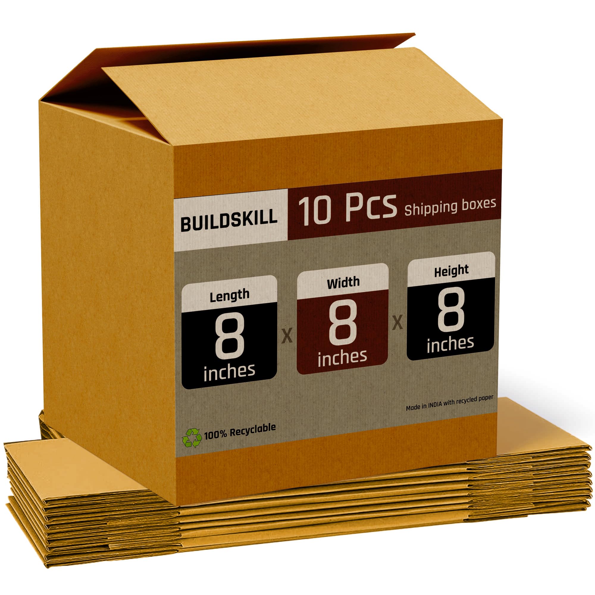 Buildskill High-Strength 3-Ply 8X8X8 Inch Box with Secure Closure - Eco-Friendly & Reusable Cardboard Box for Packing, Ideal Carton Boxes for E-Commerce Shipping & Efficient Storage (Pack of 10)