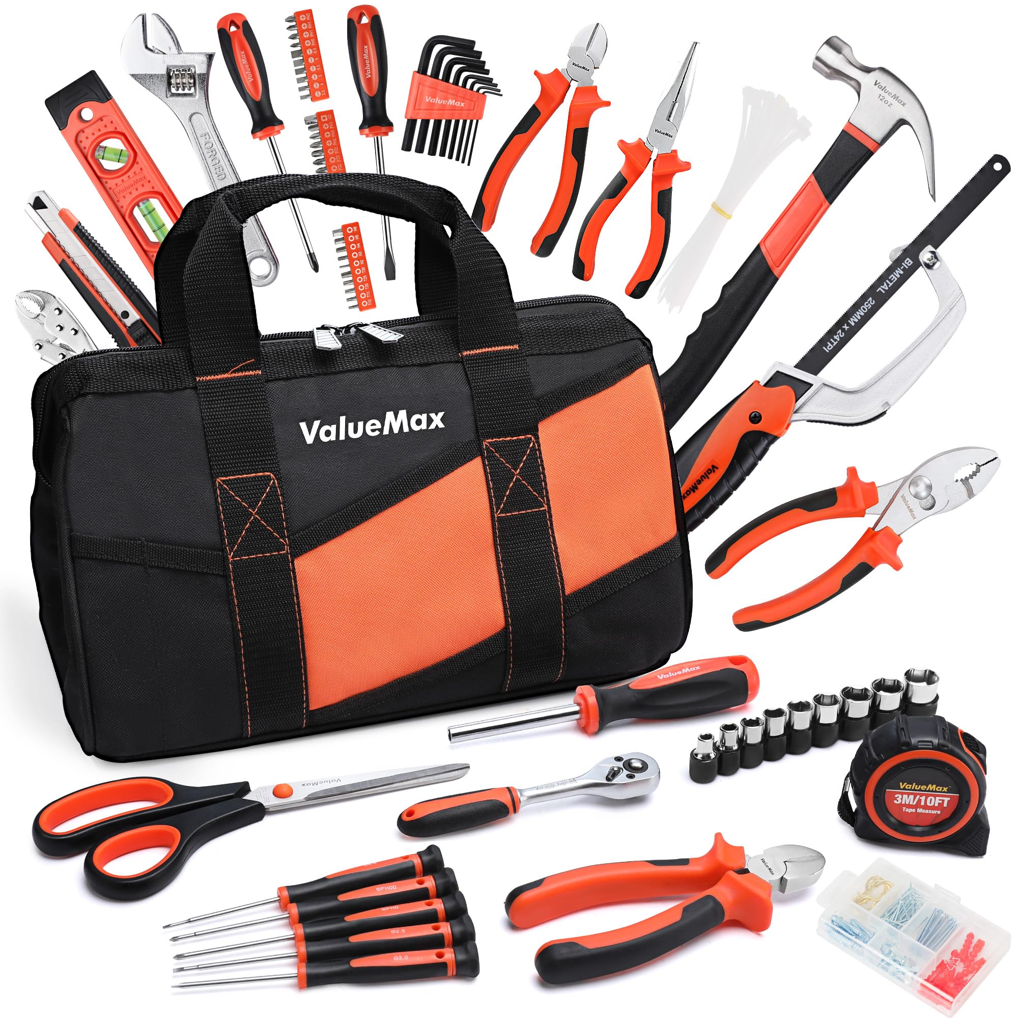 VALUEMAX 219-Piece Tool Set, Basic Household Hand Tool Kit with Large Mouth Storage Bag, General Home Repairing Tool Accessory, Ideal for DIY, Home Maintenance