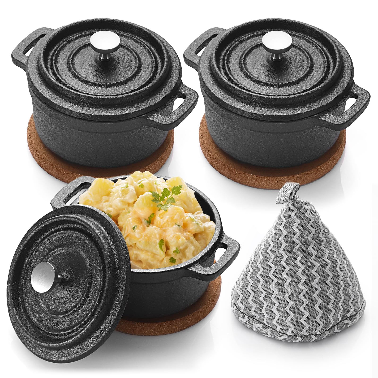 Mini Cocotte Set, 3 Pcs Mini Dutch Oven with Lids and Handles, Cast Iron Garlic Roaster with Cork Pan Mat, Stovetop, Oven, Microwave & Dishwasher Safe (8 oz)