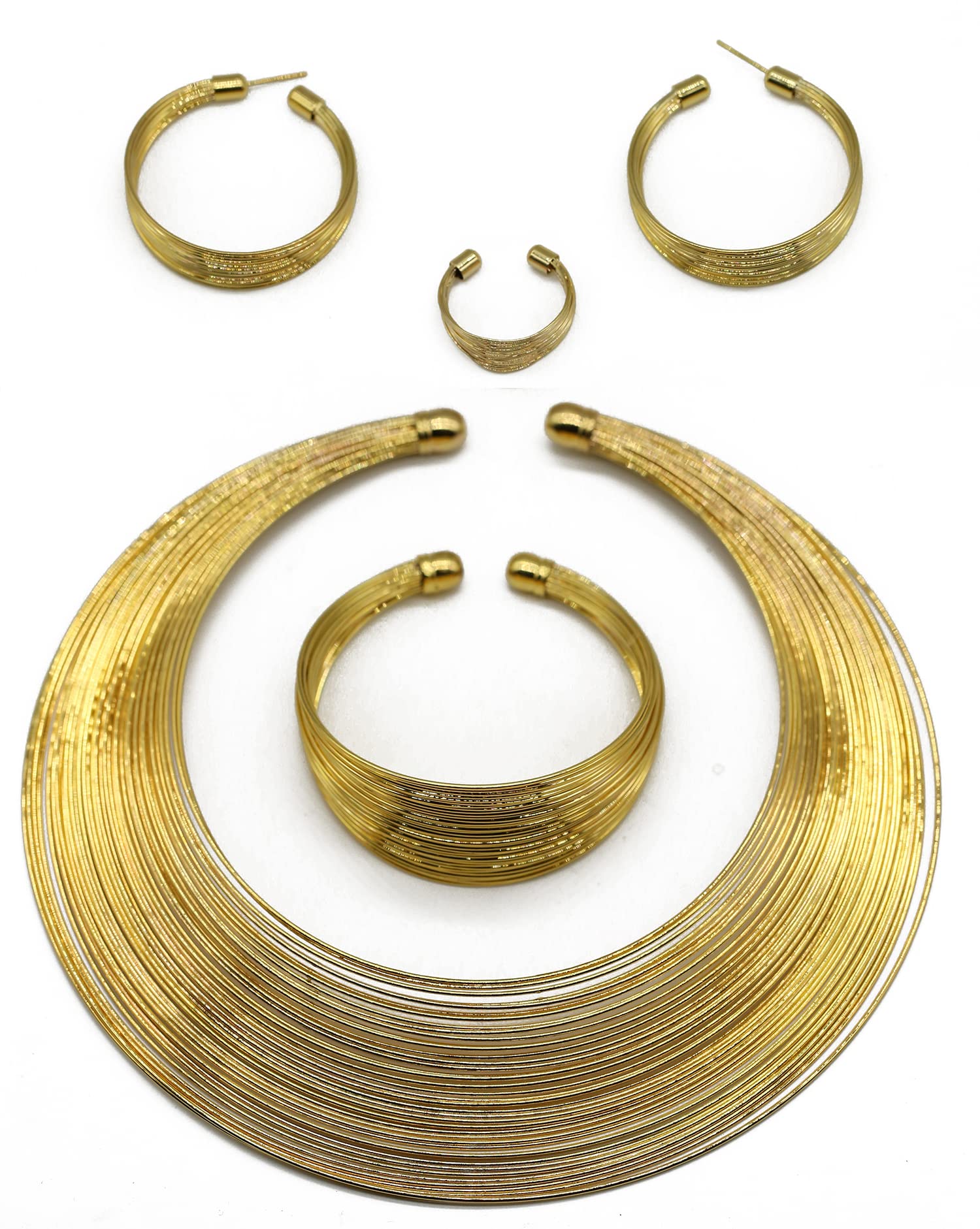 African Art Style Multi-Layer Gold Plated Chain Choker Necklace Hoop Earrings Cuff Bangle Bracelet Ring Set