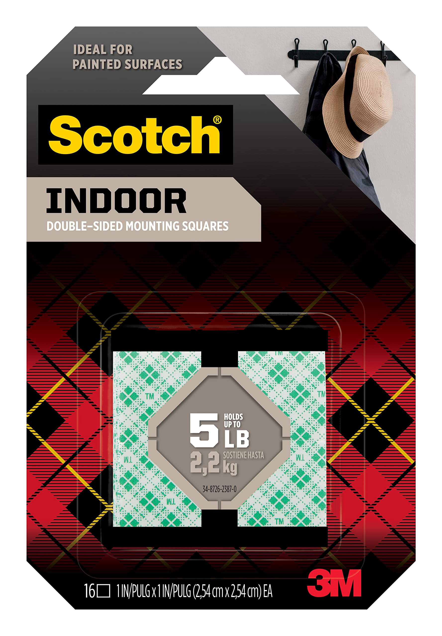 Scotch Mount Indoor Permanent Squares 1 in x 1 in (25.4mm x 25.4mm), 16 Squares/pack | 3 squares hold up 0.45 kg | White color | Multi-Surface | Easy to use | No Tools | Double Sided Adhesive Tape