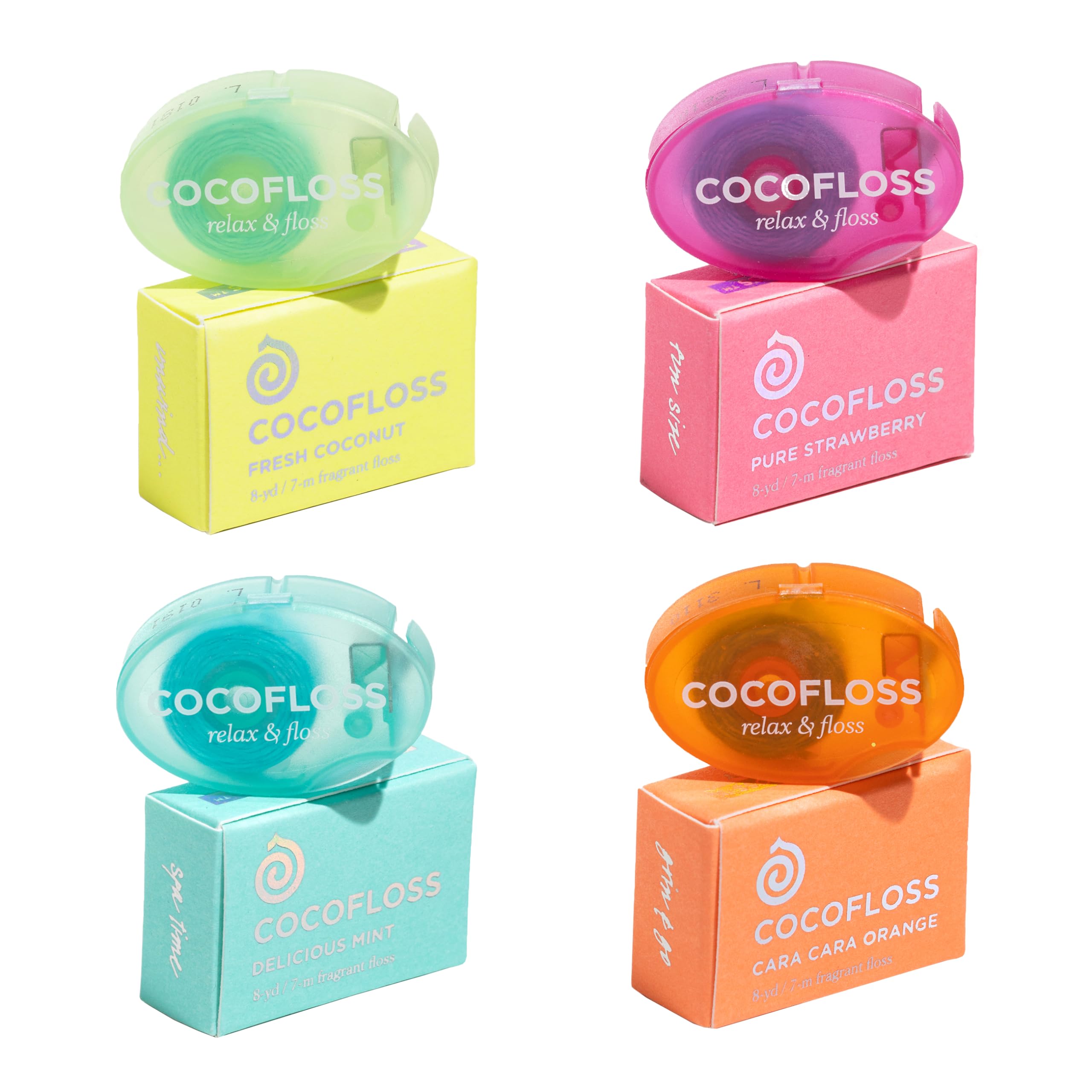 Cocofloss Woven Dental Floss, Travel Sampler, Dentist-Designed Oral Care with Coconut Oil, Waxed, Vegan, Kid-Friendly, 4 Minis in Mint, Coconut, Orange, Strawberry (8 yd Each)