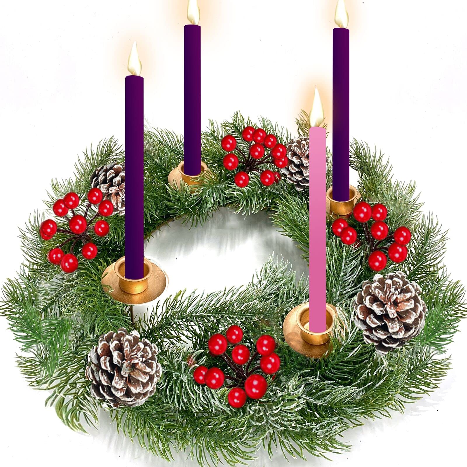 TURNMEON 18 Inch Christmas Advent Wreath Decoration 4 Candles Holders Christmas Decoration Table Centerpiece with 60 Realistic Snowy Branches 44 Red Berries 4 Snowy Pine Cones for Christmas Home Decor