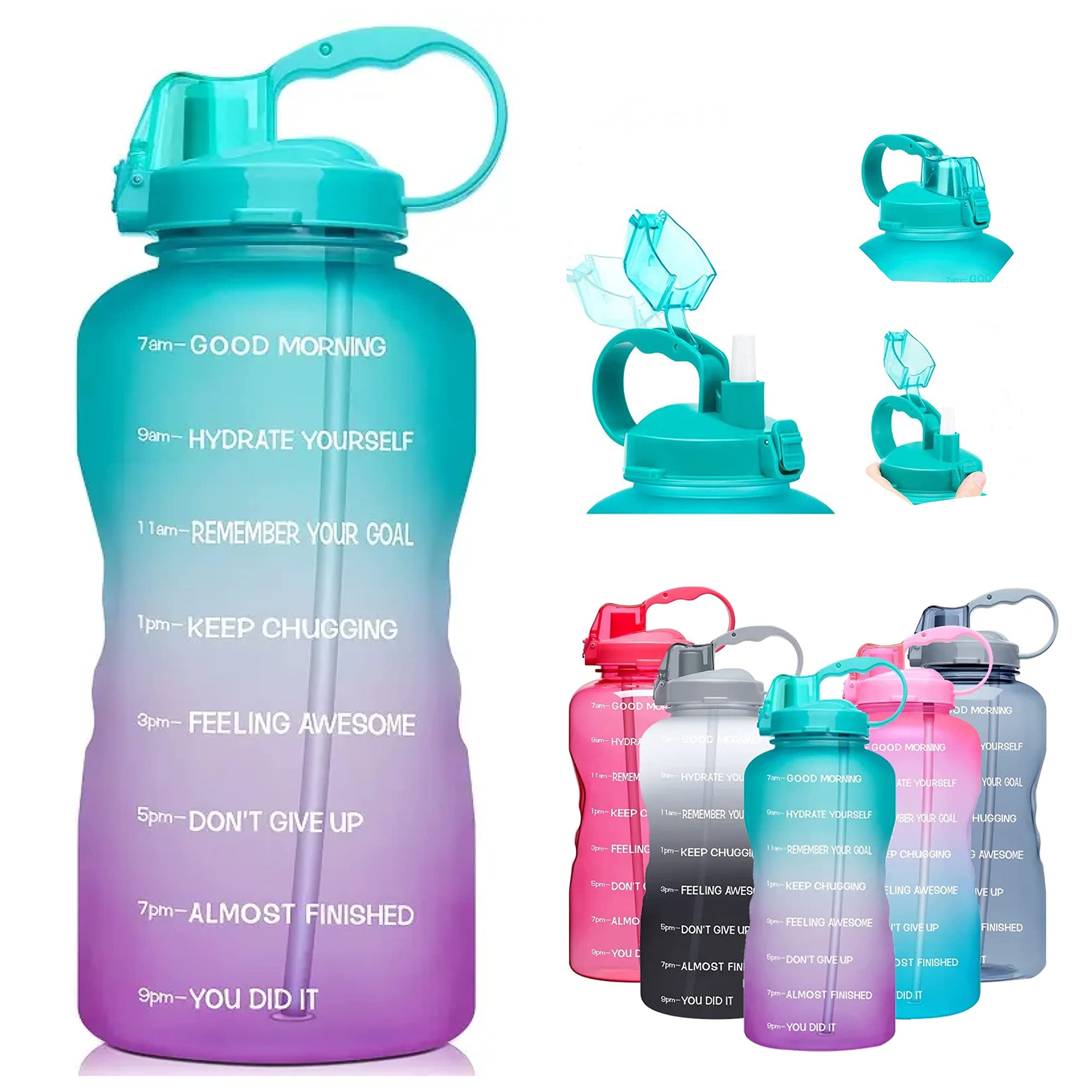 1 Gallon (3800ML) Motivational Water Bottle with Time Marker & Straw - BPA Free Leakproof Tritan Frosted Plastic Water Jug for Fitness Gym Outdoor Sport (Green-Purple)