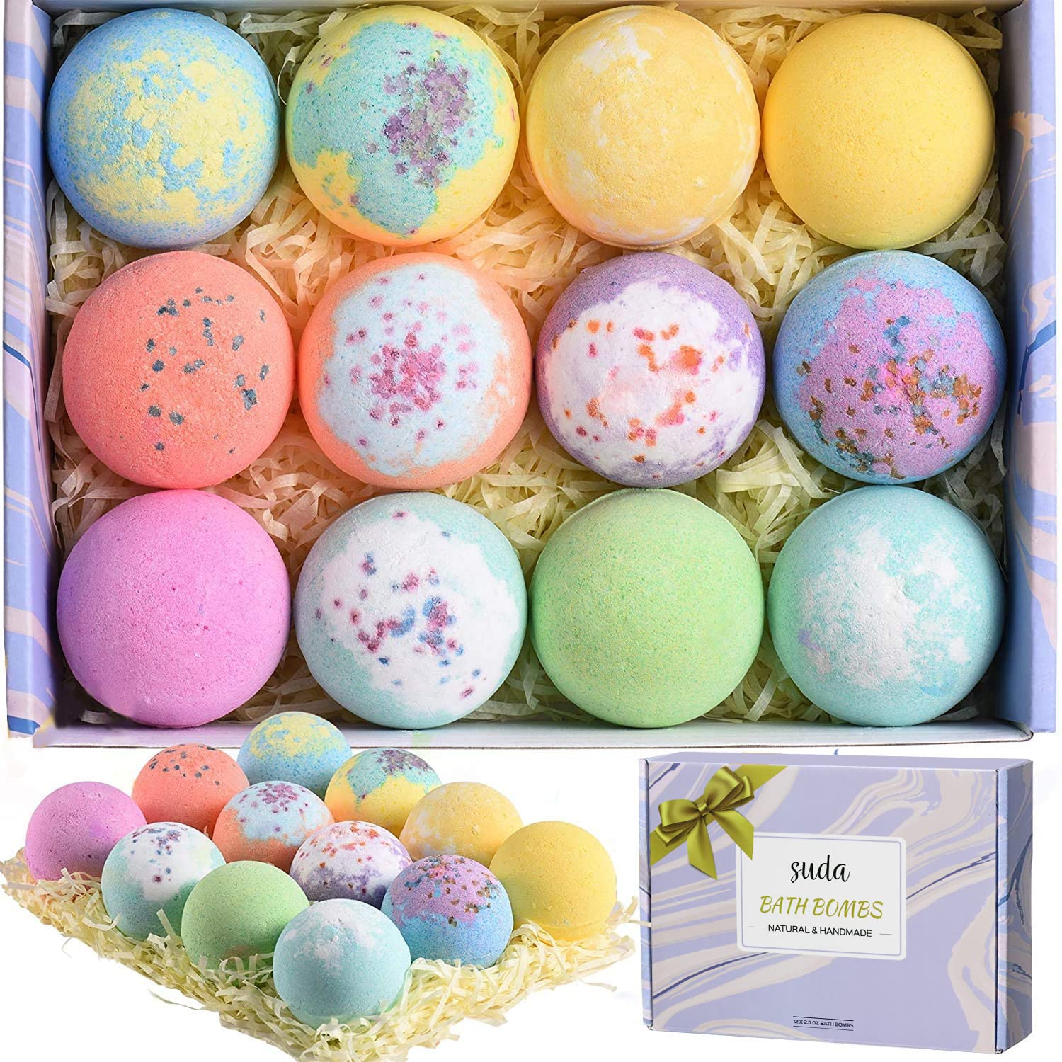 12 Pieces Bath Bombs Gift Set, Handmade Essential Oil SPA Kit, Fizzy Bubble Bath Bombs, Shea Butter Moisturize Dry Skin, Birthday, Mother’s Day, Gifts for Women, Mom, Kids