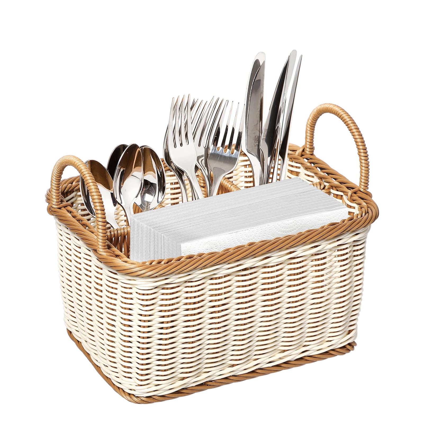 HEMOTON Rattan Cutlery Holder, Woven Cutlery Basket for Table, Table Holder for Cutlery and Utensils with Handles and 4 Division Compartments, for Kitchen, Dining Room, Garden or Picnic